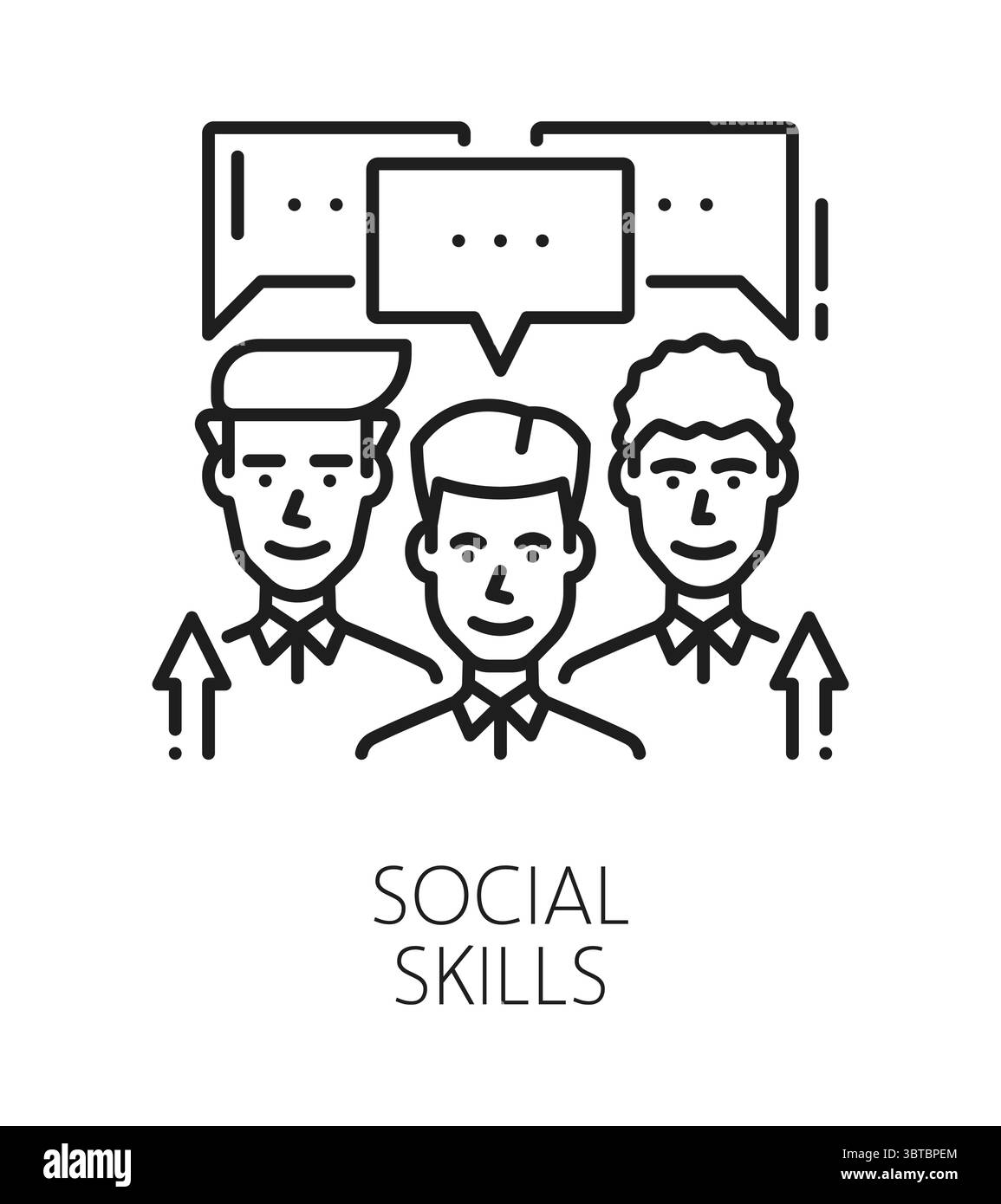 Symbol oder Zeichen für soziale und soziale Kompetenzen. Persönliche soziale Fähigkeiten Fähigkeit lineares Vektorsymbol, Menschen persönliche Qualitäten lineares Symbol. Persönlichkeitspotenzial-Piktogramm bei kommunizierenden Männerpersönlichkeiten Stock Vektor