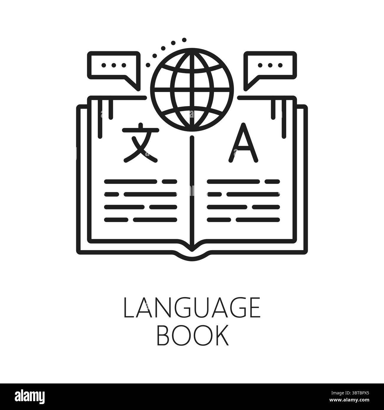 Zeilensymbol oder Piktogramm für Übersetzungsbücher in englischer Sprache. Sprachwörterbuch Lineares Vektorsymbol, Fremdsprachvokabularzeichen. Englische Übersetzung Piktogramm mit geöffnetem Lehrbuch und Planet Globus Stock Vektor