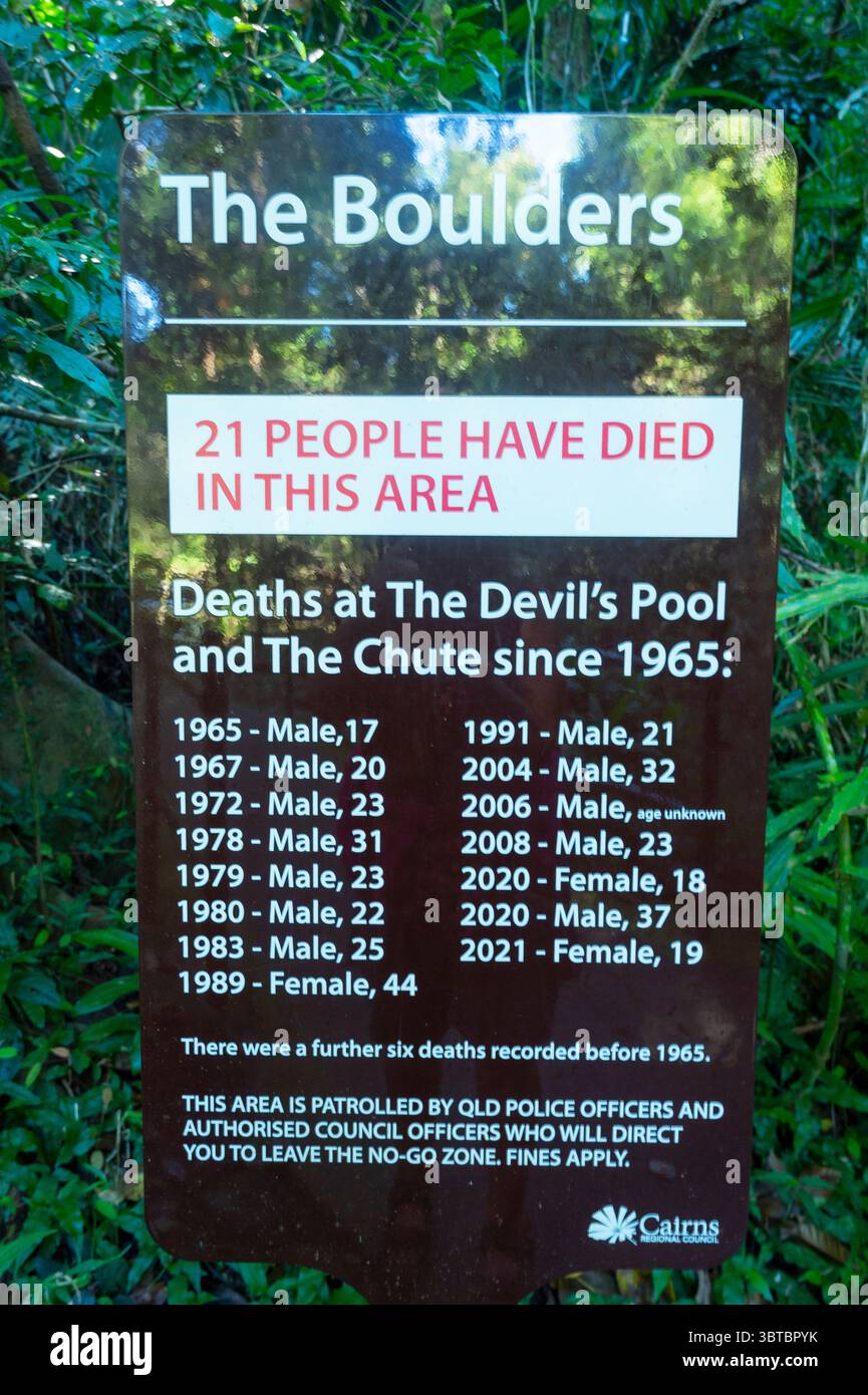 Warnschild gegen Schwimmen im Devil's Pool, Babinda Boulders, eine bekannte Touristenattraktion, Babinda, Far North Queensland, FNQ, QLD, A Stockfoto