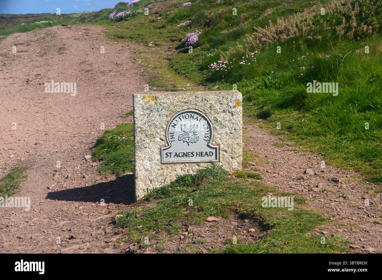 Metal National Trust Sign on a Stone für den St Agnes Head am Southwest Costal Path, Cornwall, England, Großbritannien. Stockfoto