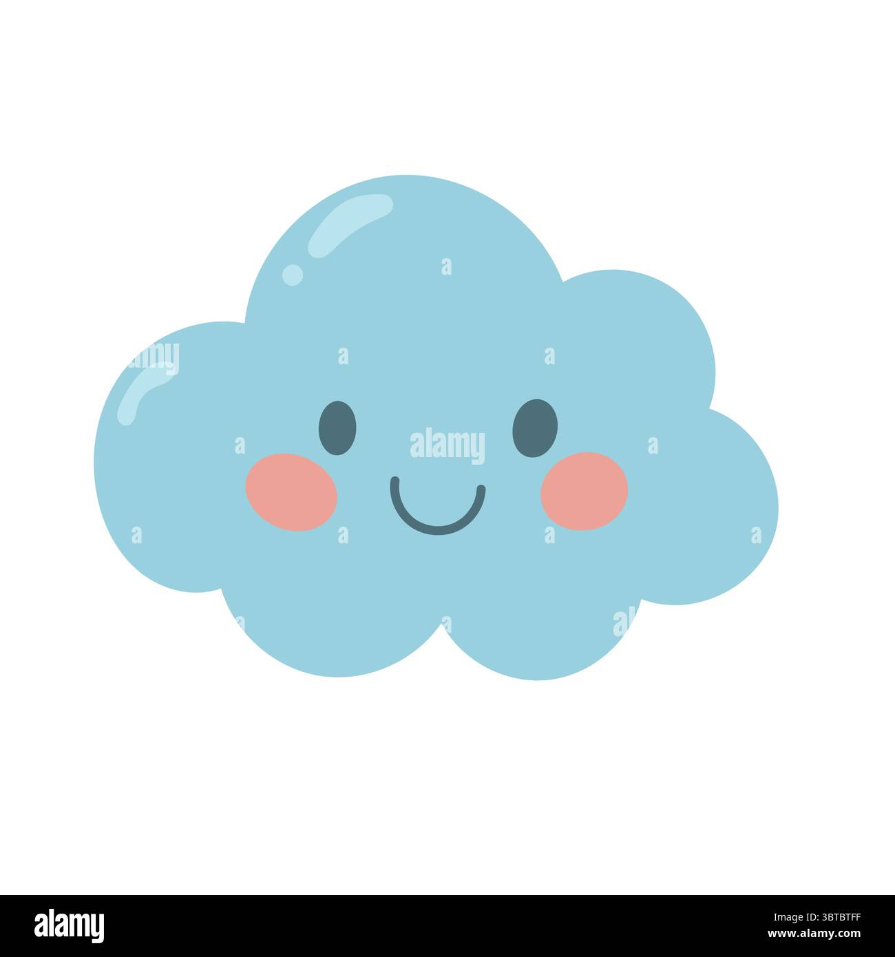 Kawaii blaue Wolke mit rosa Wangen und sanftem Lächeln. Ideal für Wettersymbole, Kinderzimmer-Prints und fröhliche Himmelsfiguren im Cartoon-Stil Stock Vektor