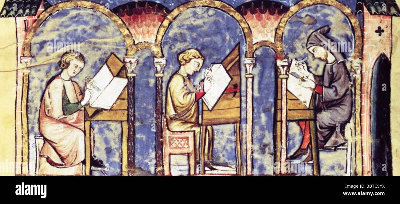 MITTELALTERLICHES SCRIPTORIUM mit Mönchen, die Kopien von Manuskripten unter der Aufsicht eines älteren Mönchs rechts anfertigen. Stockfoto
