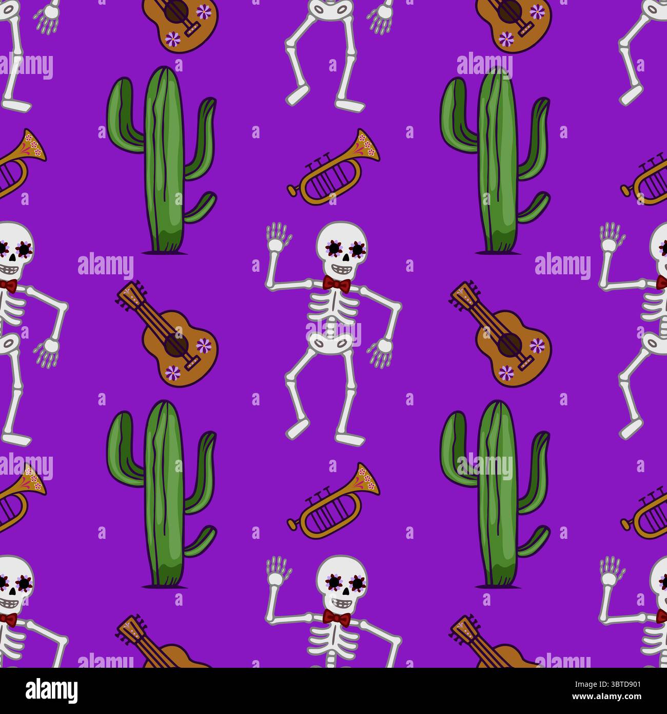 Lebendiges, nahtloses Vektor-Muster mit tanzenden Skeletten mit floralen Augendekorationen, Kakteen, Gitarren und Trompeten, die Dia de los Muertos feiern. Stock Vektor
