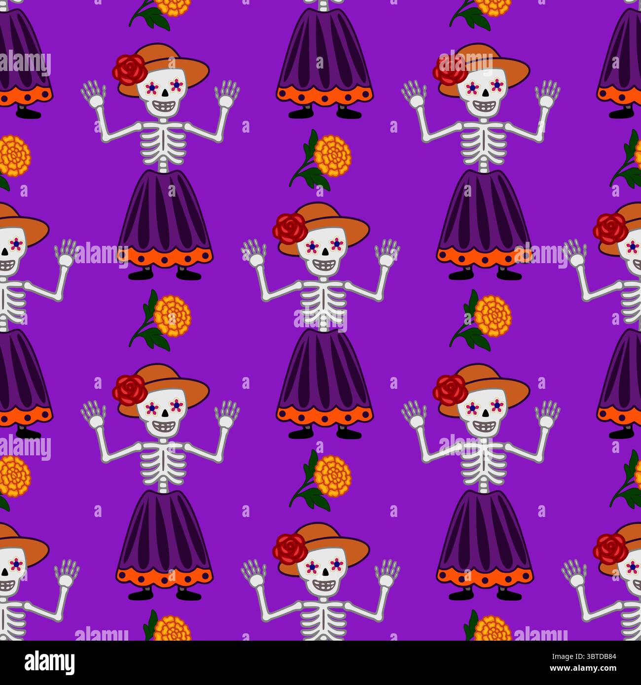 Nahtloses Vektormuster mit fröhlichen Calaveras Catrinas in leuchtenden Lila-, Orange- und Rottönen, verziert mit Ringelblöcken, die Dia de los feiern Stock Vektor
