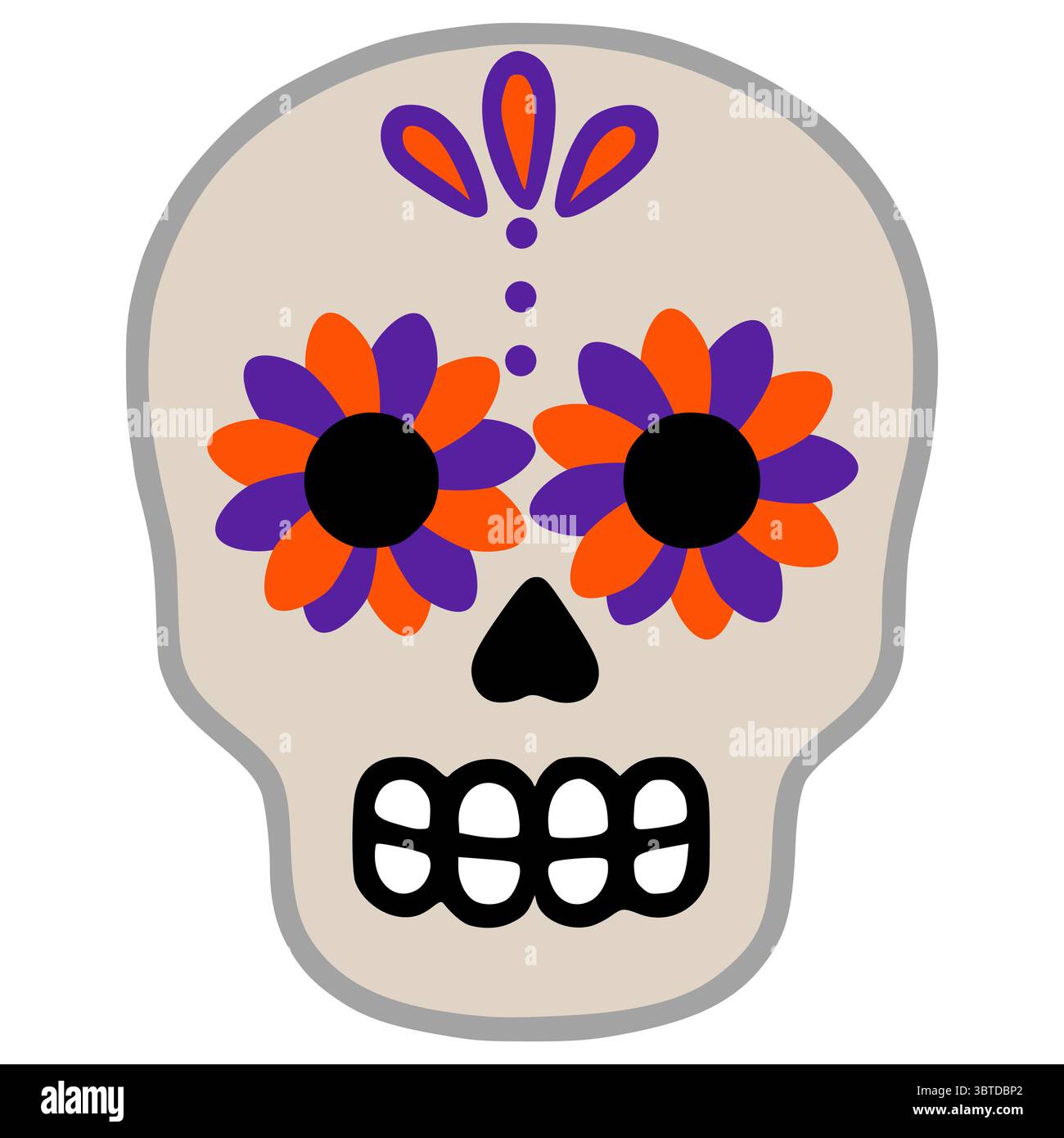 Eine Vektor-Illustration eines stilisierten Zuckerschädels mit orangen und lila Blumendekorationen, mit einem minimalistischen Design und gedämpfter Farbpalette, Stock Vektor