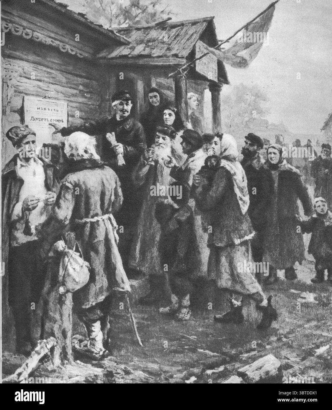 Das Friedensdekret, geschrieben von Wladimir Lenin, wurde am 8. November 1917 vom Zweiten Kongress der Arbeiter-, Soldaten- und Bauerndeputierten verabschiedet. Es erschien in der Zeitung Izvestiya, #208, 9. November [O. S. 27. Oktober] 1917. Sie schlug einen sofortigen Rückzug Russlands aus dem Ersten Weltkrieg vor Stockfoto