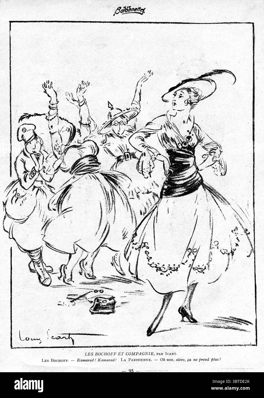 LES BOCHOFF ET COMPAGNIE LES BOCHOFF - KAMARAD! Kamarad! LES PARISIENNE - Oh non, alors, Ca ne prend plus! DIE FIRMA UND DER BOCHOFF BOCHOFF - FREUND! Freund! PARIS - Oh nein, dann braucht es mehr! 1915 La Baionette - eine satirische Zeitschrift, die während des Ersten Weltkriegs veröffentlicht wurde. Diese Ausgabe widmet sich dem Jubeln an deutschen Frauen und ihrem Kleidersinn. *** Lokale Bildunterschrift *** DIE FIRMA UND DER BOCHOFF BOCHOFF - Kamarad! Kamarad! DAS PARIS - Oh nein, dann braucht es mehr! 1915' Stockfoto
