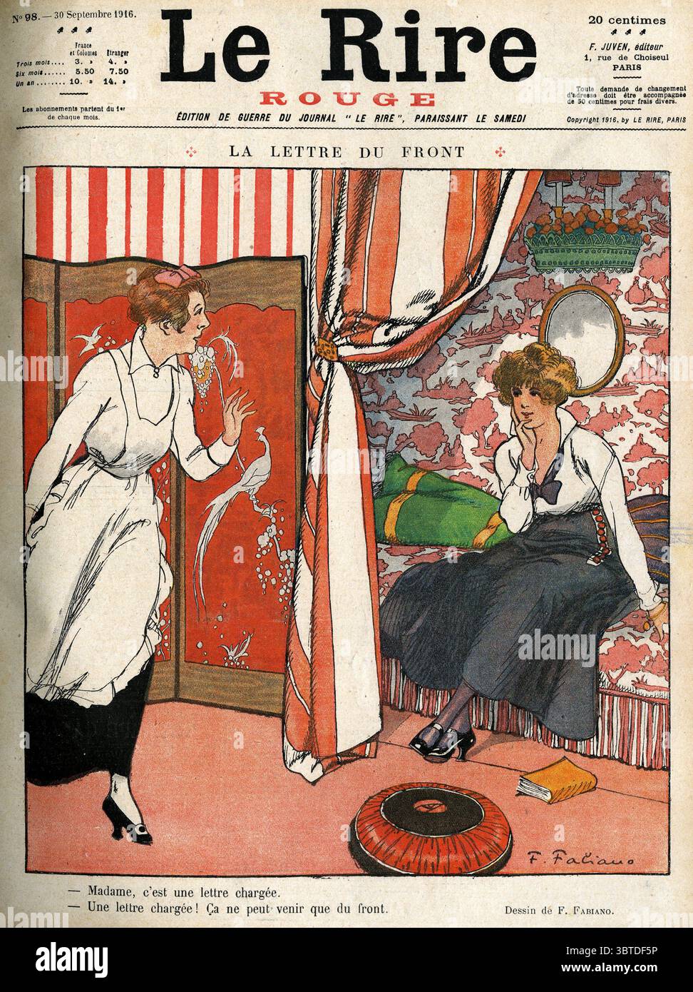 Le Rire den Brief von vorne Madam, es ist ein Einschreibebrief Ein Einschreibebrief! Es kann nur von der Vorderseite stammen, die F Fabiano am 30. September 1916 gezogen hat Stockfoto