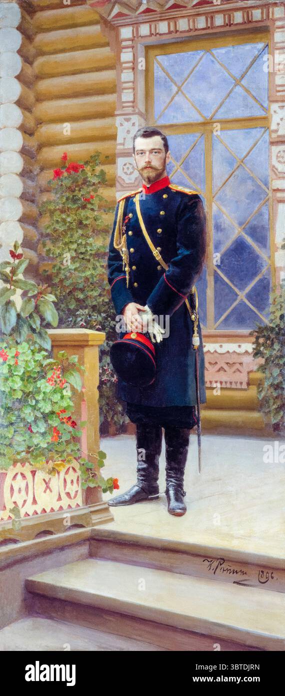 Zar Nikolaus II. Porträt von Nikolai II. Von Russland (Nikolai Alexandrowitsch Romanov, 1868–1918), der letzte regierende Kaiser von Russland (1894–1917), Ölgemälde auf Leinwand von Ilja Repin, 1896 Stockfoto