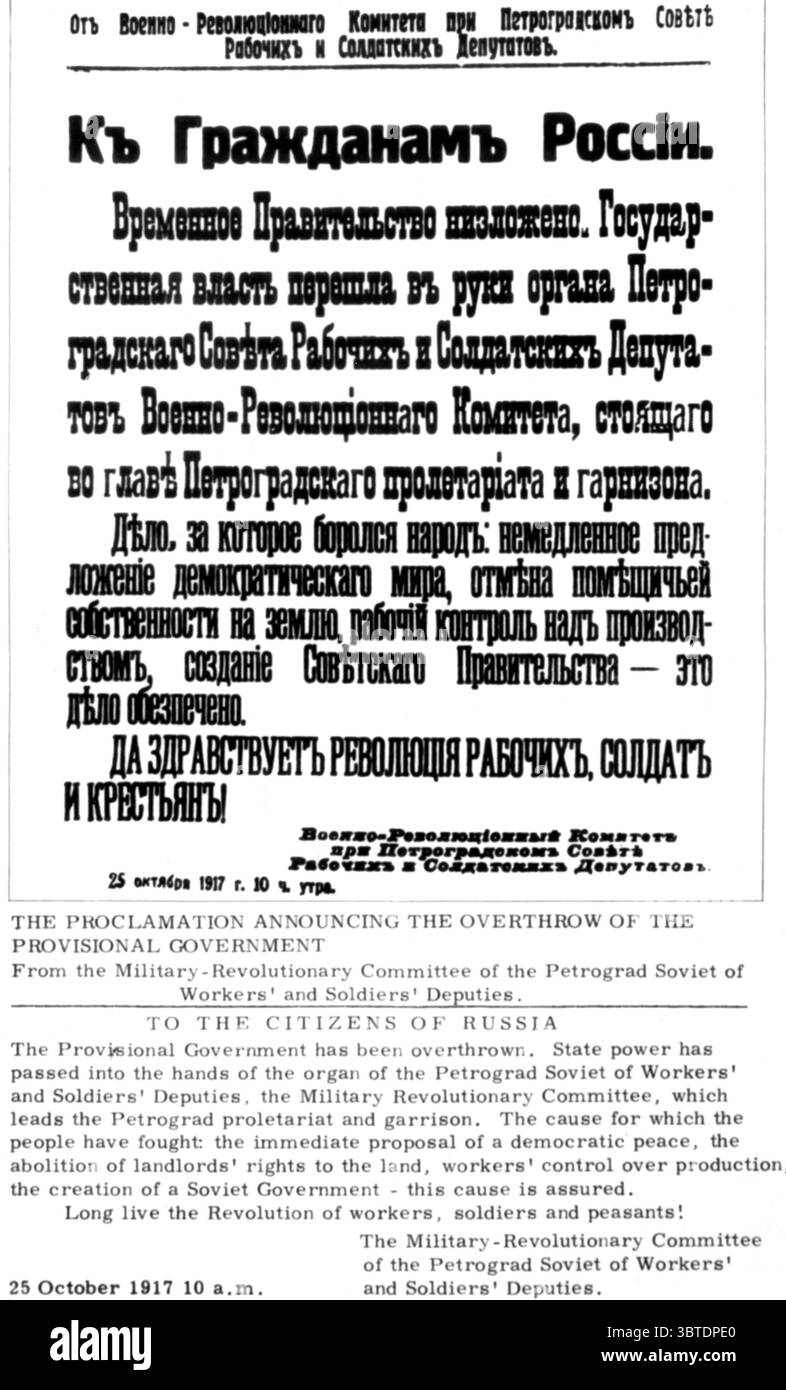 Die Ankündigung des Sturzes der provisorischen Regierung am 25. Oktober 1917 Stockfoto