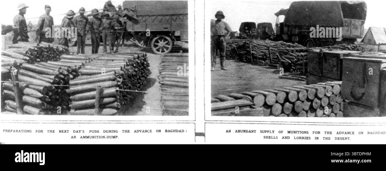 Linke Vorbereitungen für die nächsten Tage drücken während des Vormarsches von Bagdad eine Munitionsdeponie rechts eine reichliche Menge Munition für den Vormarsch auf Bagdad Granaten und Lastwagen in der Wüste Stockfoto