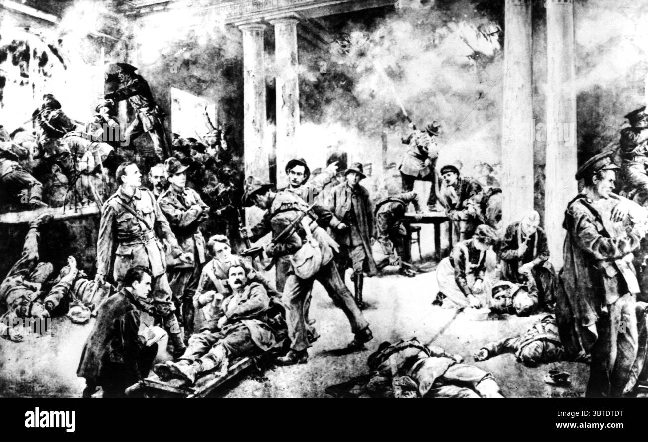 Die irische Mythologie sollte aus dem Osteraufstand, den die irischen Rebellen verloren , aber langfristig gewonnen haben , ein neues Kapitel gewinnen . " Szene im General Post Office in Dublin , kurz vor der Evakuierung " . 19. März 1916 Stockfoto