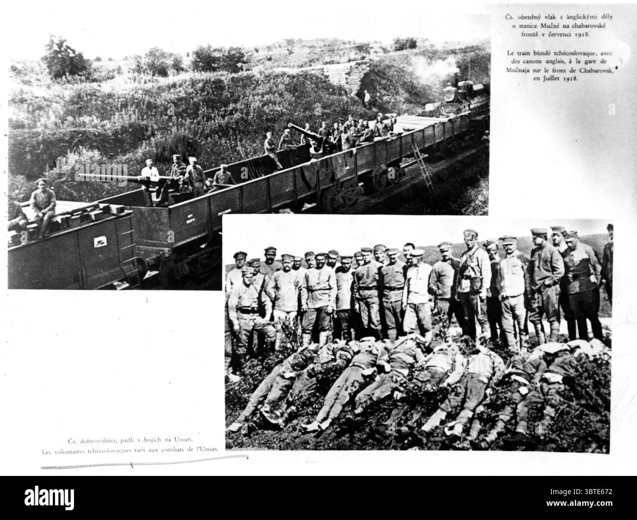 Oben links tschechoslowakischer Panzerzug mit den britischen Geschützen am Bahnhof vor Mucnaja Chabarowsk im Juli 1918 unten rechts Foto tschechoslowakische Freiwillige getötet in den Schlachten von Ussuri Stockfoto