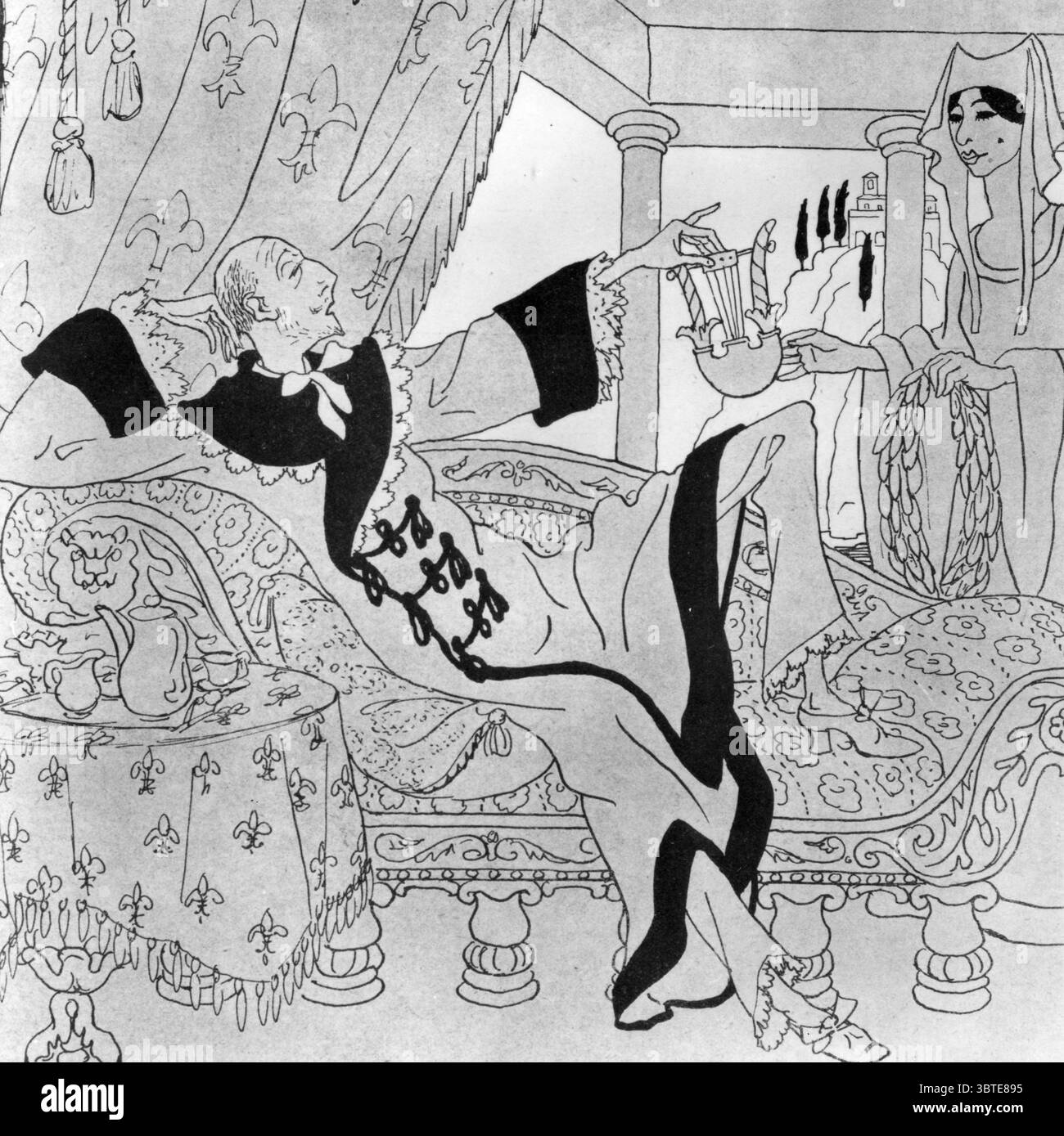 Bringen Sie mir meine gesteppten Hausschuhe und meine warme Leier. Ich werde ein Kriegsgedicht verfassen. Stockfoto