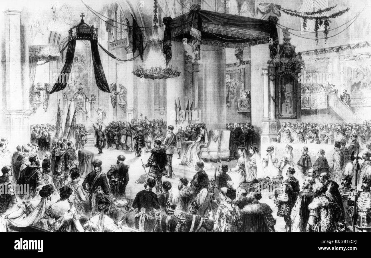 Kaiser Franz Joseph : 18. August 1830 - 21. November 1916, ältester Sohn von Erzherzog Franz Karl ( dem jüngeren Sohn des Kaisers Franz II. ) Und seiner Frau Prinzessin Sophie von Bayern, hier gekrönt zum König von Ungarn in Budapest, vereinigung Österreichs mit Ungarn am 21. Dezember 1867 Stockfoto