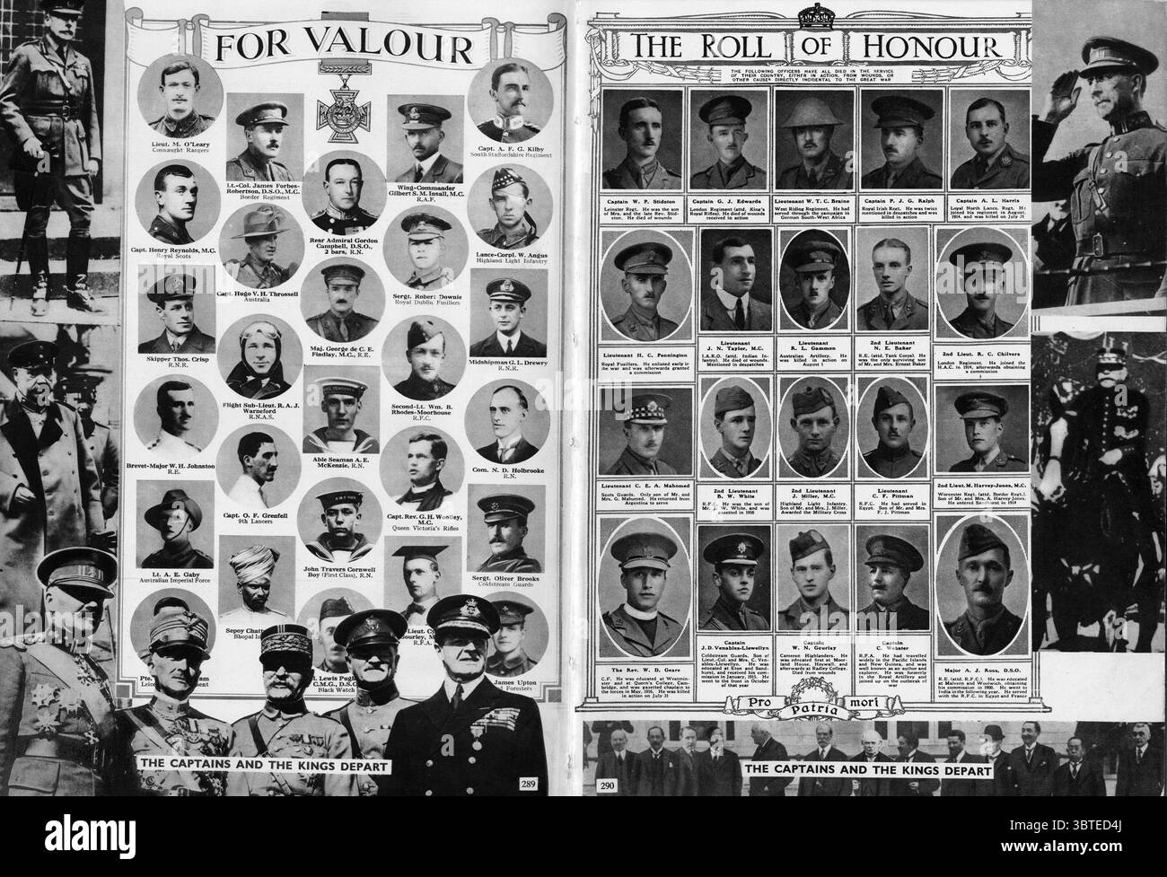 Der erste Weltkrieg Reproduktion typischer Seiten , die regelmäßig in britischen und amerikanischen Zeitschriften erschienen sind , mit Porträts von Soldaten , die im Einsatz getötet wurden . Seiten mit dem Titel : für Tapferkeit , die Rolle der Ehre , umgeben von den Kapitänen und den Königen des Ersten Weltkriegs Stockfoto