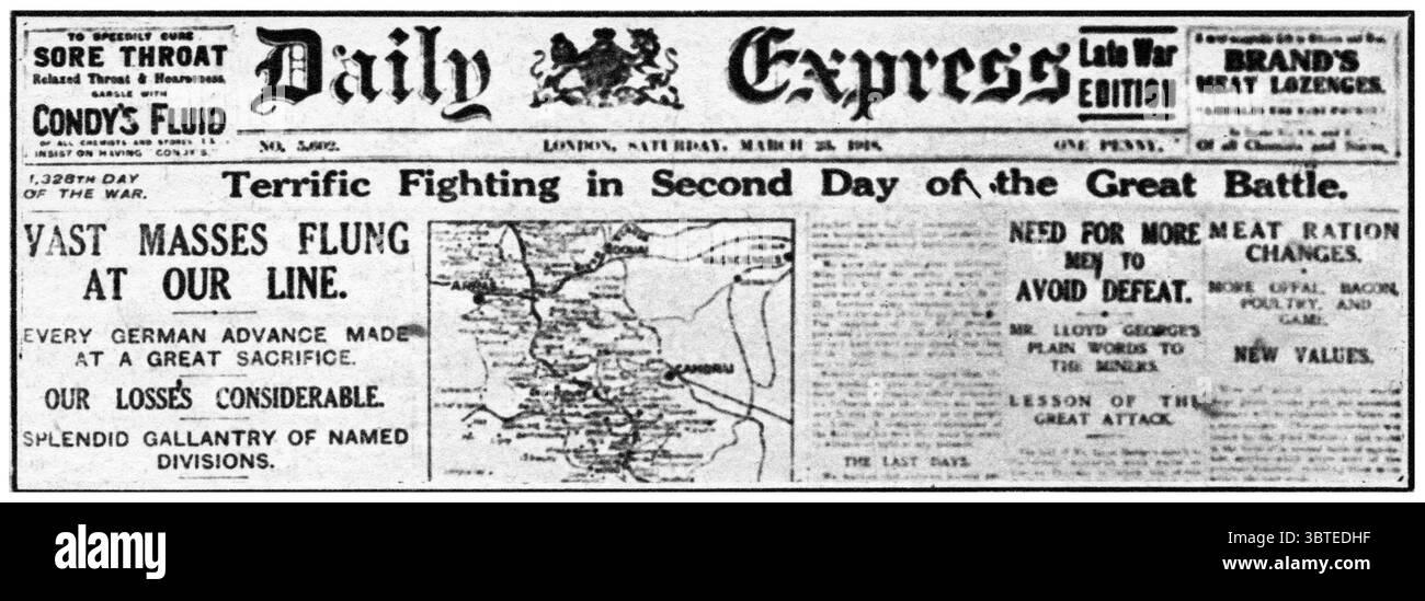 Erster Weltkrieg Schlagzeilen aus dem Daily Express : Great Fighting in Second Day of the Great Battle 23 März 1918 Stockfoto