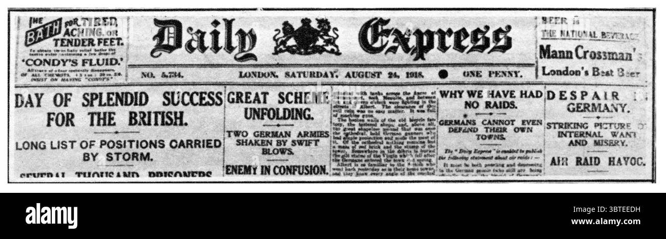 Erster Weltkrieg Schlagzeilen aus dem Daily Express : Day of Splendid Success for the British 24 August 1918 Stockfoto