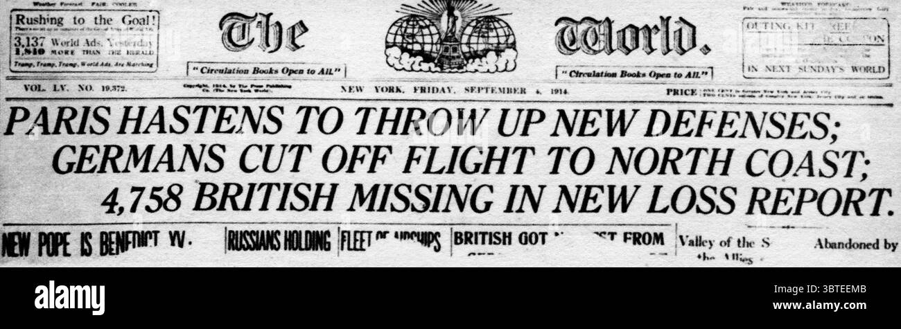 Erster Weltkrieg die Weltzeitung Schlagzeilen : Paris stürzt sich auf neue Verteidigungsanlagen; Deutsche schneiden den Flug zur Nordküste ab; 4 758 Briten werden in neuem Verlustbericht vermisst 4. September 1914 Stockfoto