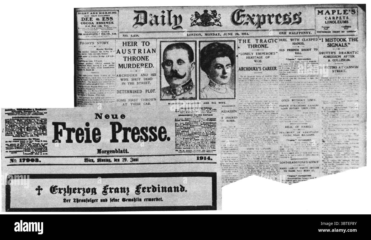 Erster Weltkrieg der Daily Express und die neue Freie Presse Zeitungsausschnitte und Schlagzeilen nach der Ermordung von Erzherzog Franz Ferdinand und seiner Frau am 29. Juni 1914 Stockfoto