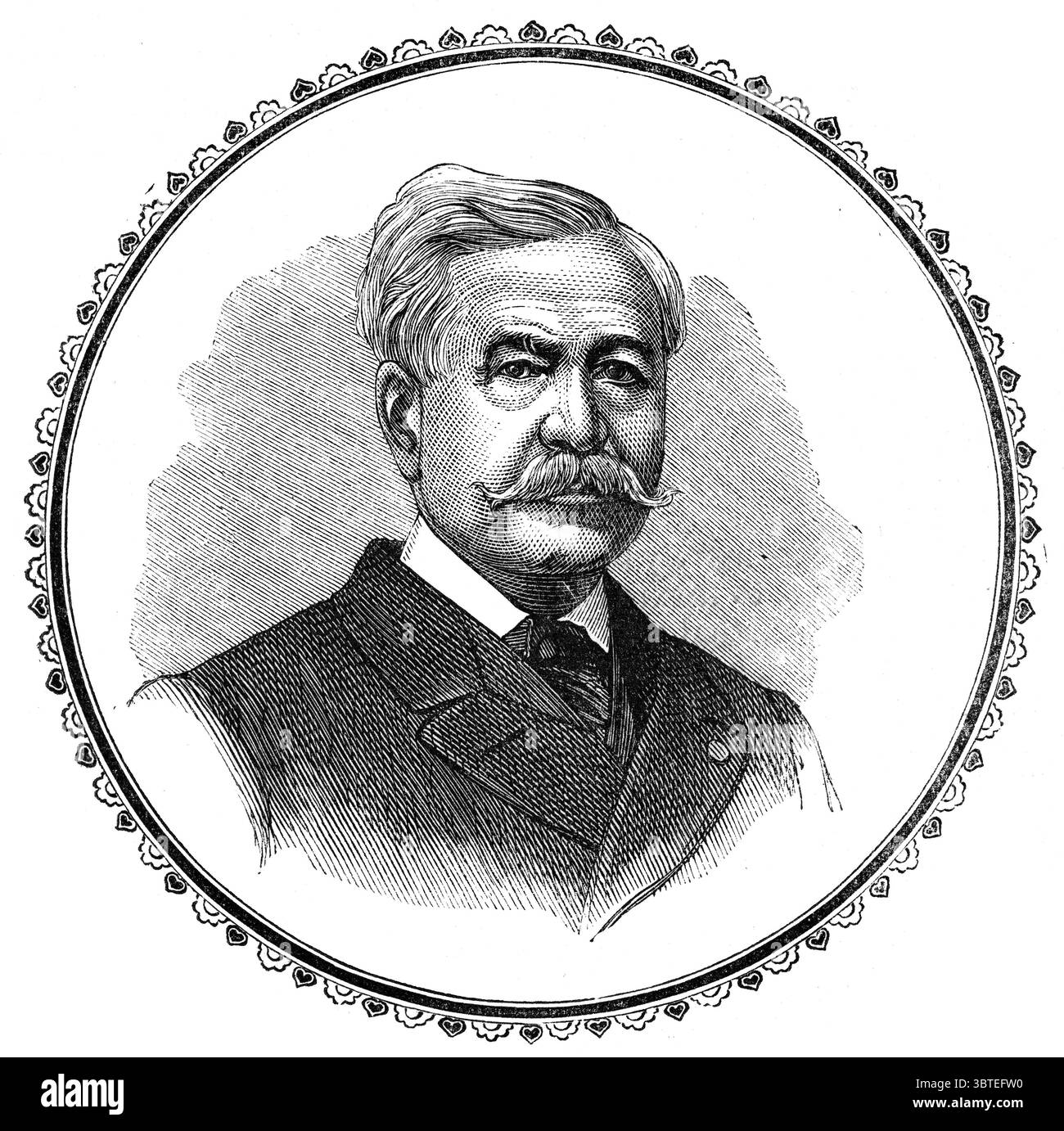 Porträt von M. Lesseps - Ferdinand Marie, vicomte de Lesseps (19. November 1805 bis 7. Dezember 1894) war der Hersteller des Suez-Kanals, der 1869 zum ersten Mal das Mittelmeer und das Rote Meer verband und die Segel- und Zeitabstände zwischen dem Westen und dem Osten erheblich reduzierte. In den 1880er Jahren versuchte er, diesen Erfolg mit dem Versuch zu wiederholen, eine abschließbare Version des Panamakanals zu bauen, aber das Projekt wurde schließlich von den Vereinigten Staaten im Jahr 1914 abgeschlossen, nachdem Entwicklungen in der Medizin gemacht worden waren, die die ernsten Probleme von Malaria und Gelbfieber in der Region bekämpft hatten. Stockfoto