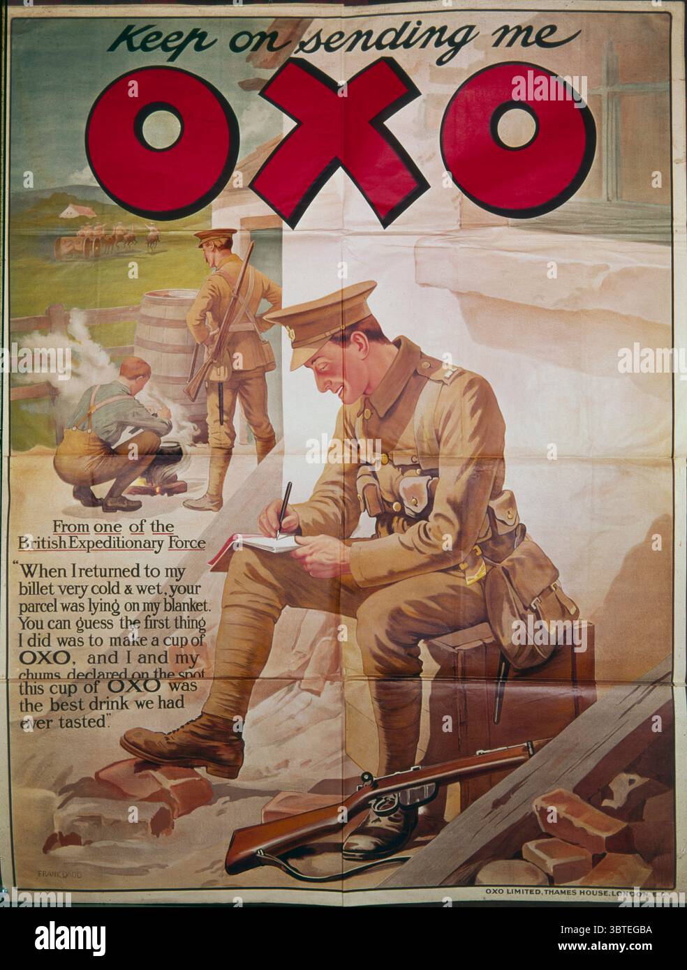 Poster Werbung 'OXO', aus dem Ersten Weltkrieg - Soldat schreibt Dankeschön nach Hause - von Frank Dadd (1851-1929) ©TopFoto Stockfoto