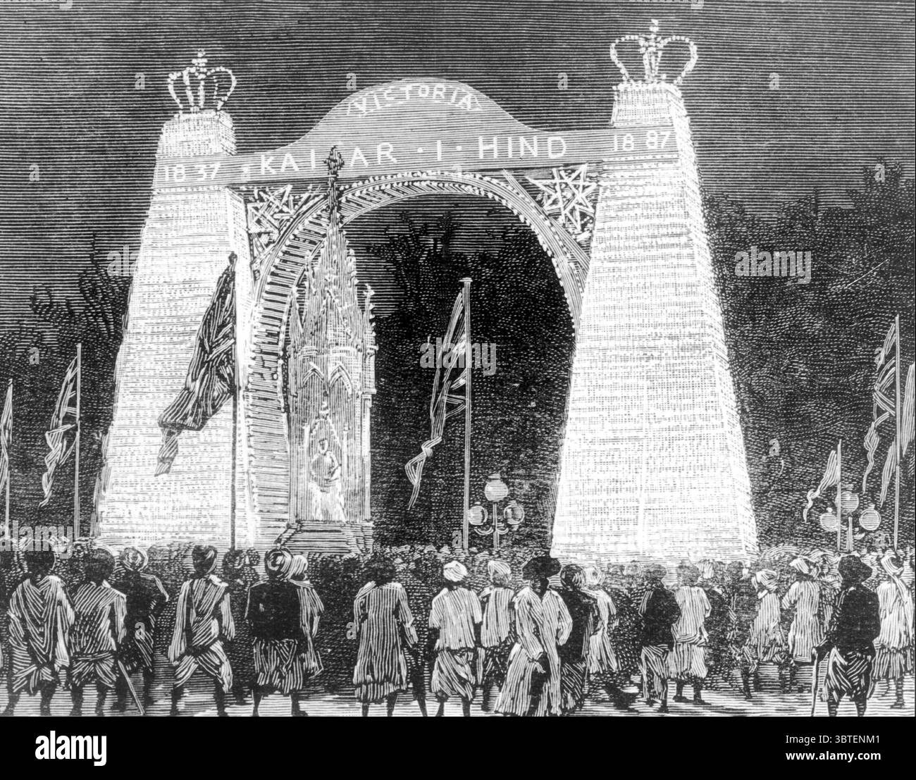 Die Queens Statue und der Triumphbogen in Bombay, Indien, anlässlich des Goldenen Jubiläums 1887. Stockfoto