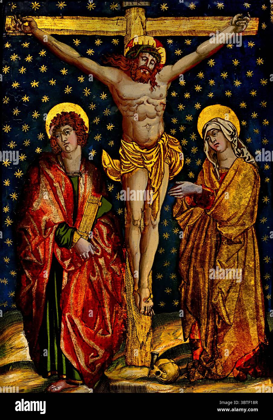 Kreuzigung Christi, mit der Jungfrau und dem Heiligen Johannes, anonym, nach Marcantonio Raimondi, nach Albrecht Dürer, um 1535 - um 1540 Gemälde Kreuzigung Jesu mit Maria rechts und der Heiligen Jan links, für einen blauen Hintergrund mit goldenen Sternen darauf. Kreis Tirol Blattgold. Blattsilber. Lack (Beschichtung). Lack (Beschichtung). Glass Paris, Frankreich, Französisch, Stockfoto