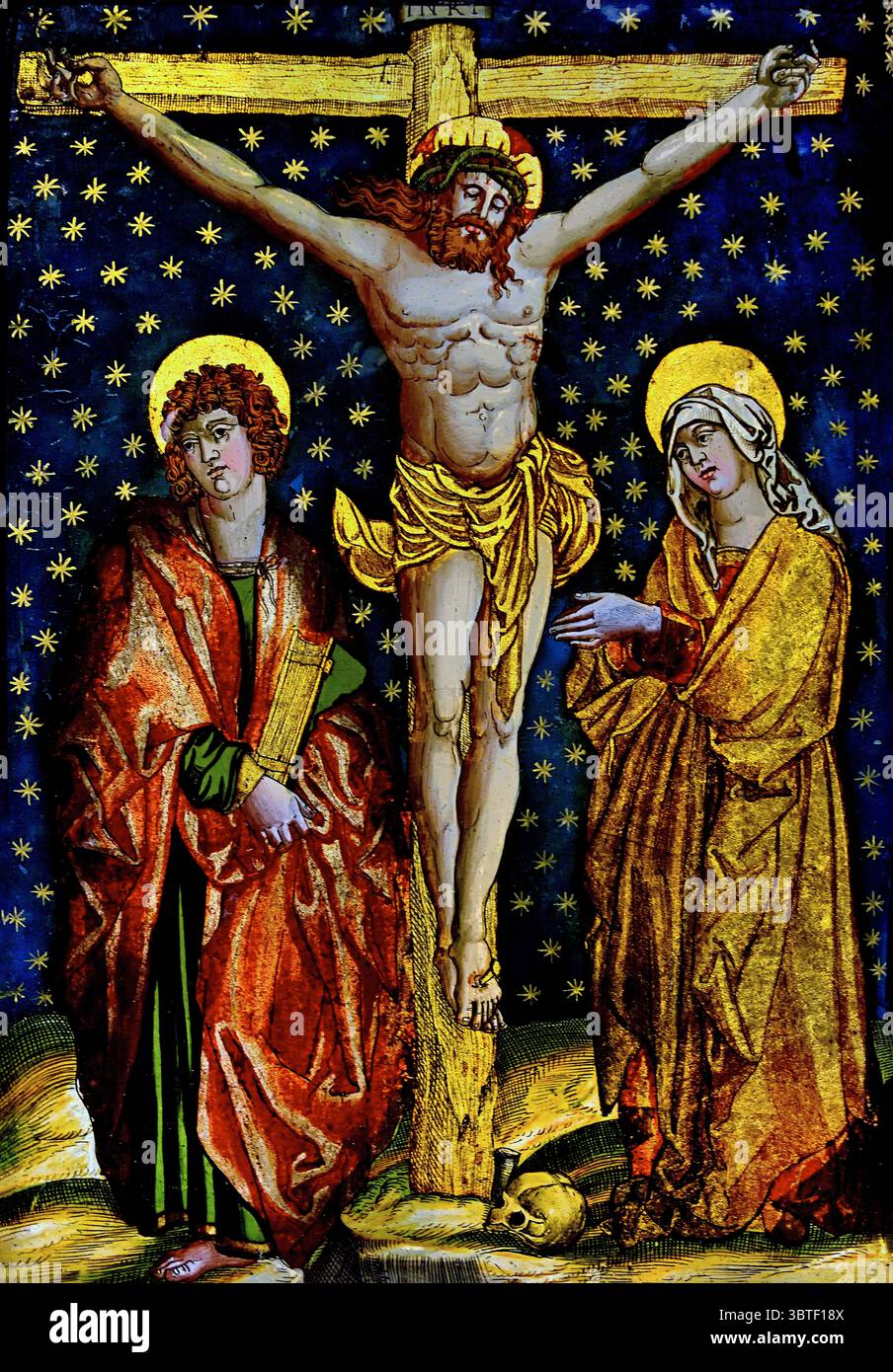 Kreuzigung Christi, mit der Jungfrau und dem Heiligen Johannes, anonym, nach Marcantonio Raimondi, nach Albrecht Dürer, um 1535 - um 1540 Gemälde Kreuzigung Jesu mit Maria rechts und der Heiligen Jan links, für einen blauen Hintergrund mit goldenen Sternen darauf. Kreis Tirol Blattgold. Blattsilber. Lack (Beschichtung). Lack (Beschichtung). Glass Paris, Frankreich, Französisch, Stockfoto
