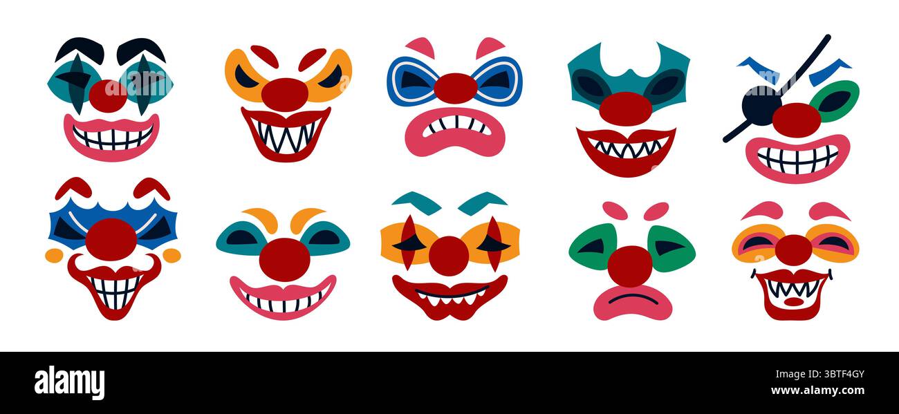 Gruselige Clown-Gesichter. Gruseliges Make-up, böse Zirkus-Joker-Charaktere, gruselige halloween-Feiertagsmasken, Comic-Monster, schreckliches Grinsen, verrückte und wütende Emotionen Stock Vektor