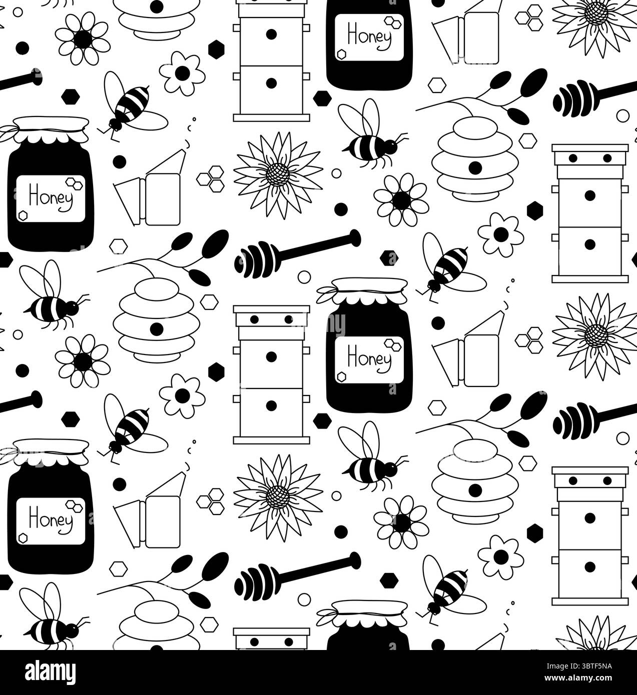 Nahtloses Muster für Honig und Imkerei. Vektorgrafik-Strichdarstellung. Perfekt für Karten, Dekorationen, Aufkleber, Logo, Menü, verschiedene Designs. Colori Stock Vektor