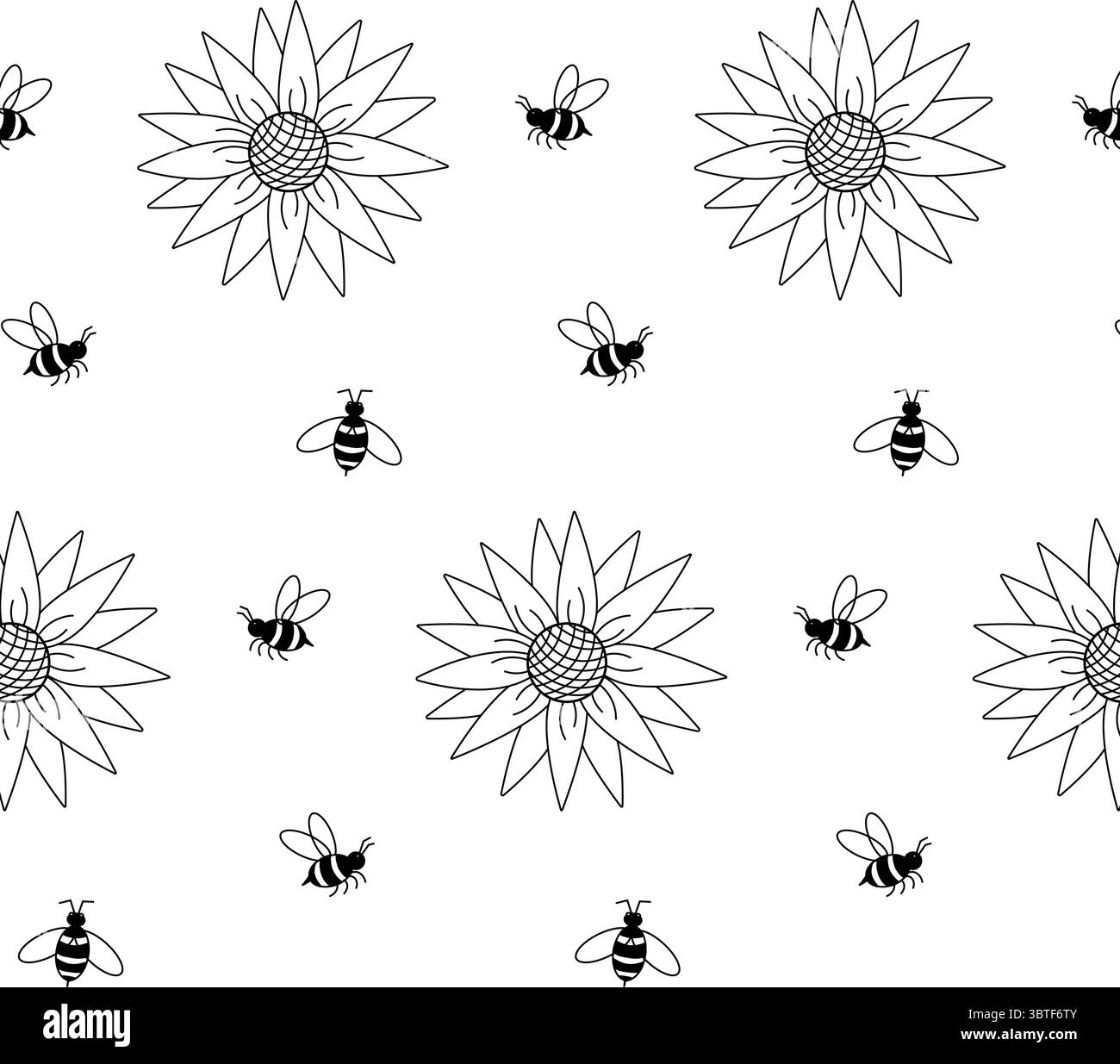 Sonnenblumen und Bienen nahtloses Muster. Vektorgrafik-Strichdarstellung. Sonnenblumen, Bienen und Marienkäfer. Perfekt für Karten, Dekorationen, Aufkleber, Logo, Stock Vektor