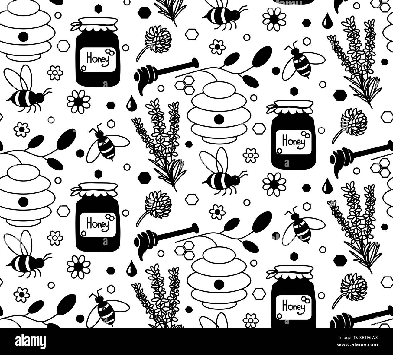 Nahtloses Muster von Bienenblüten und Blättern. Vektorgrafik-Strichdarstellung. Silhouettenzeichen für Logo, Druck, Comics, Mode, Pop Art, Platinen, Design, Stock Vektor