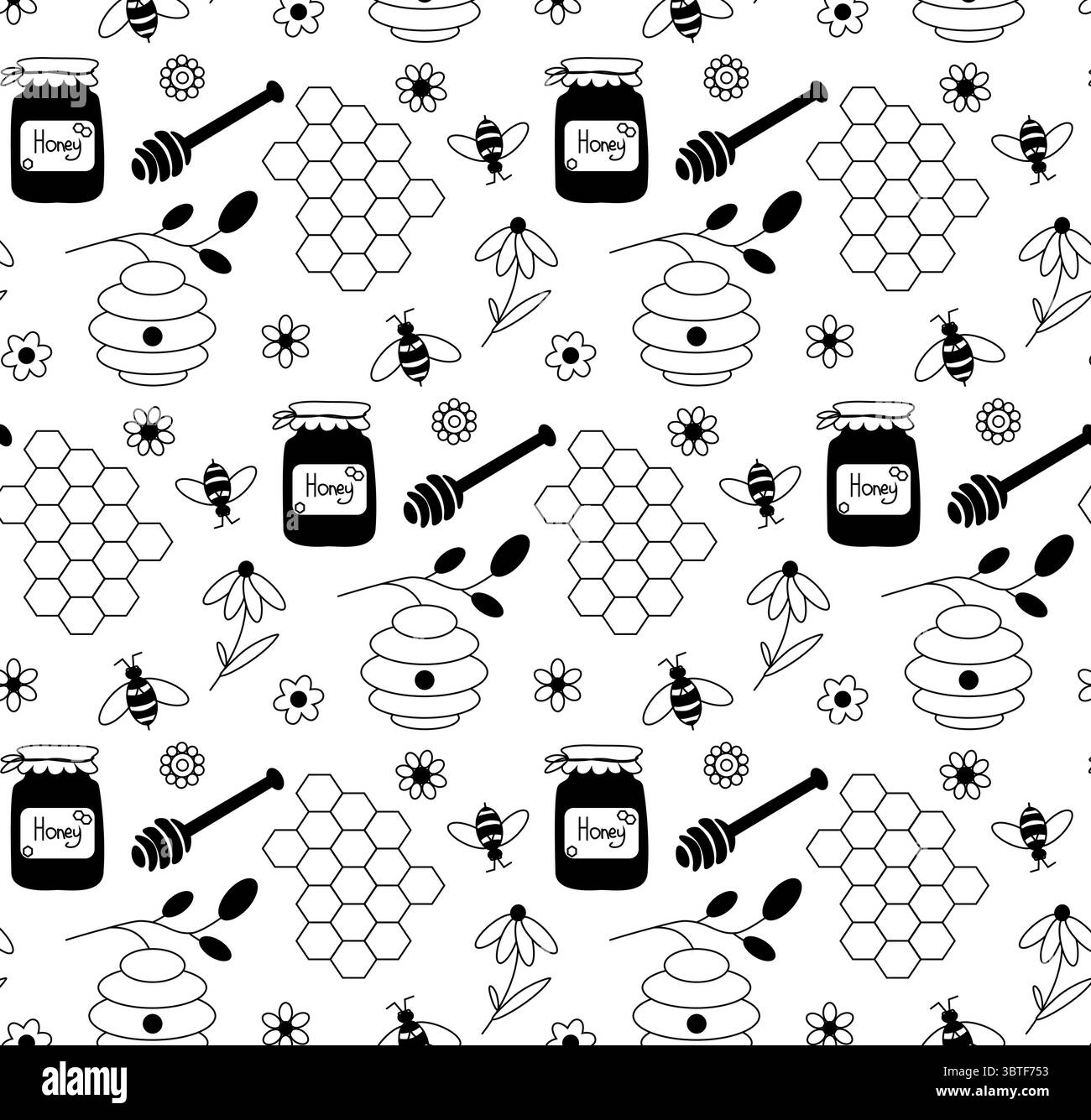 Honig, Bienen und Waben, nahtloses Blumenmuster. Vektorgrafik-Strichdarstellung. Silhouettenzeichen für Logo, Druck, Comics, Mode, Pop Art, Eber Stock Vektor