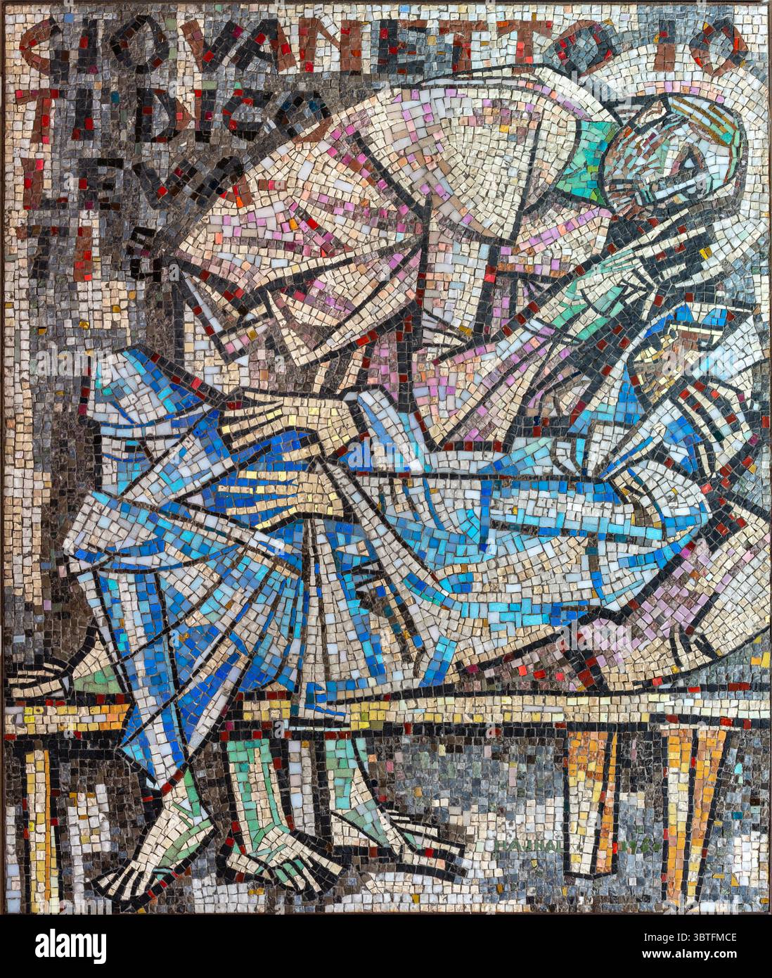 FLORENZ, ITALIEN - 18. MÄRZ 2025: Das moderne Mosiak der Auferstehung des Sohnes der Witwe in Nain in der Kirche Chiesa del Sacro Cuore Stockfoto