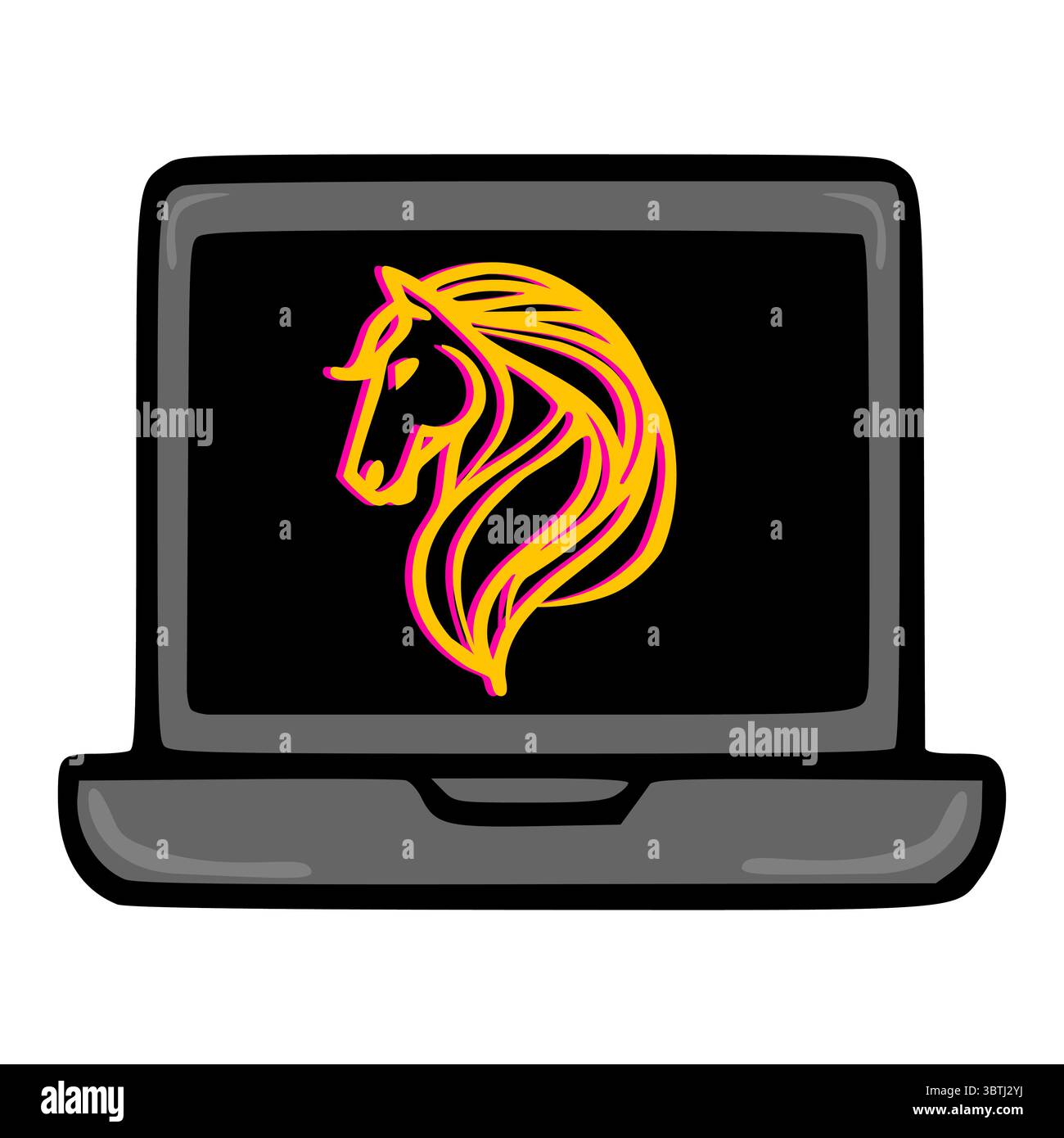 Eine Vektorillustration eines stilisierten Pferdekopfes auf einem Laptop-Bildschirm mit einem auffälligen Grafikdesign mit leuchtenden gelben und magentafarbenen Akzenten Stock Vektor