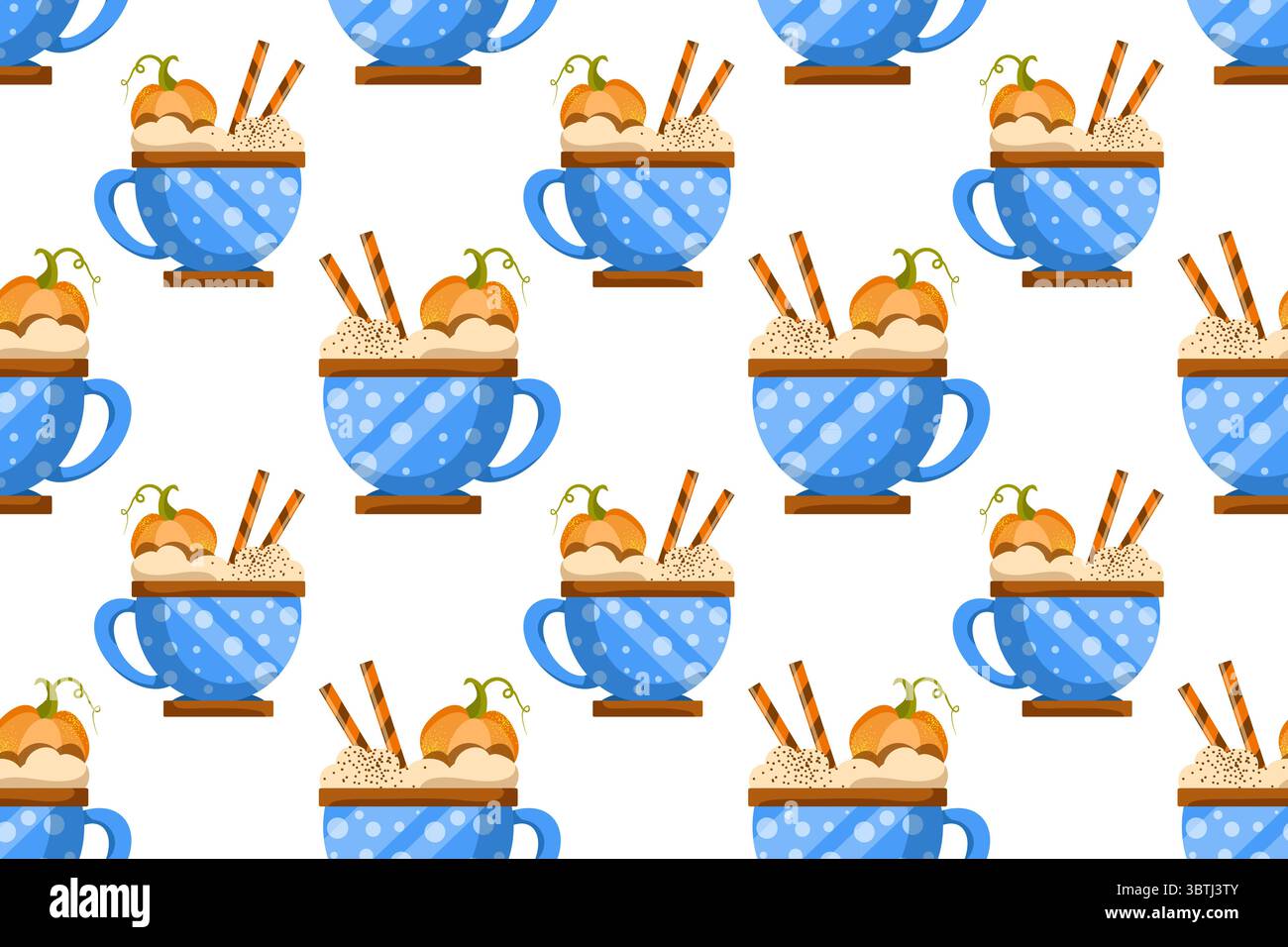 Herbst-Desserts mit flachem, nahtlosem Muster. Kürbis Gewürz Latte und Cupcakes Vektor Textur. Cappuccino, Kuchen und Blätter im Hintergrund. Speisen der Herbstsaison Stock Vektor