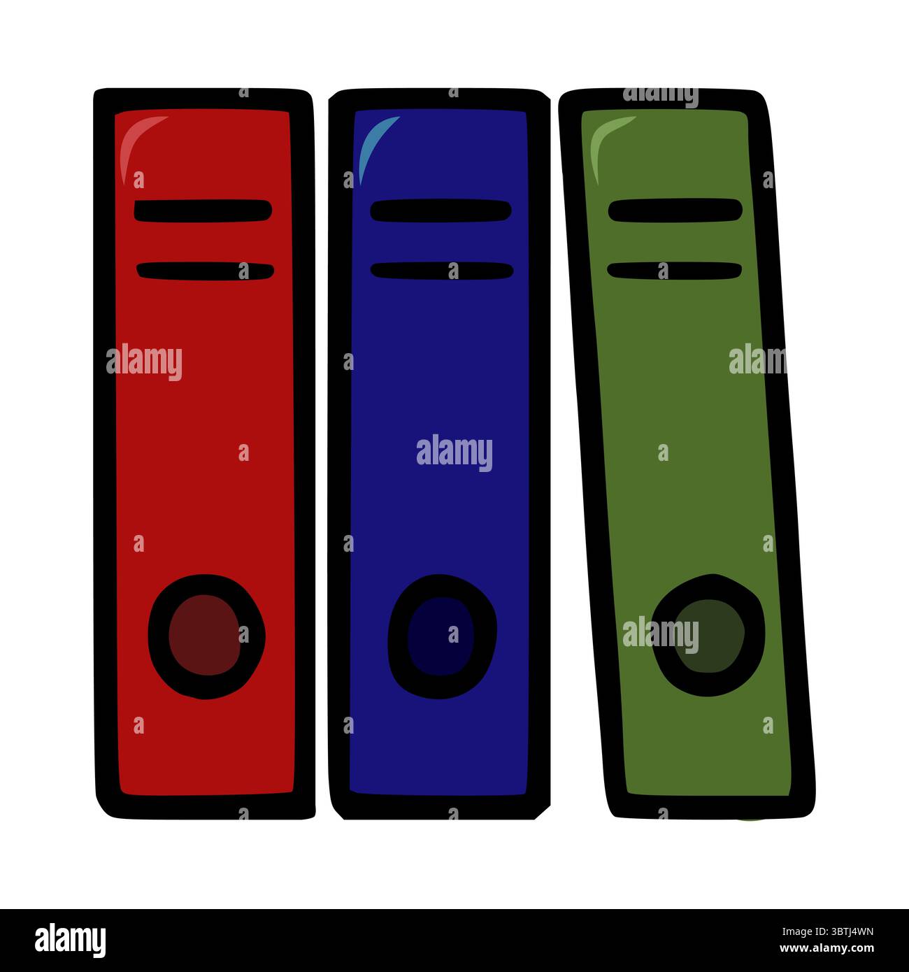 Vektor-Illustration von drei farbenfrohen Büromappen mit minimalistischem handgezeichnetem Stil, mit roten, blauen und grünen Mappen mit deutlichem Kreis Stock Vektor