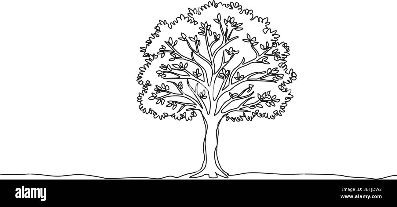 Durchgehende einzeilige Zeichnung eines breitblättrigen Baums, Strichgrafik-Vektor-Illustration Stock Vektor