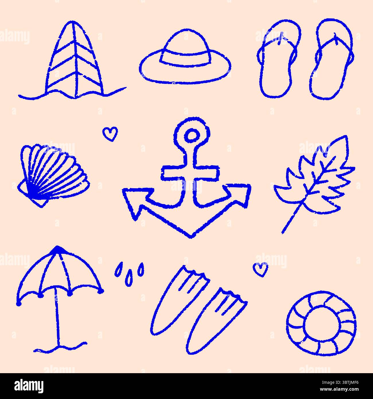 Niedliches Sommerstrandkritzelset mit tropischen Urlaubselementen, Regenschirm und Urlaubsikonen im handgezeichneten Vektorstil Stock Vektor