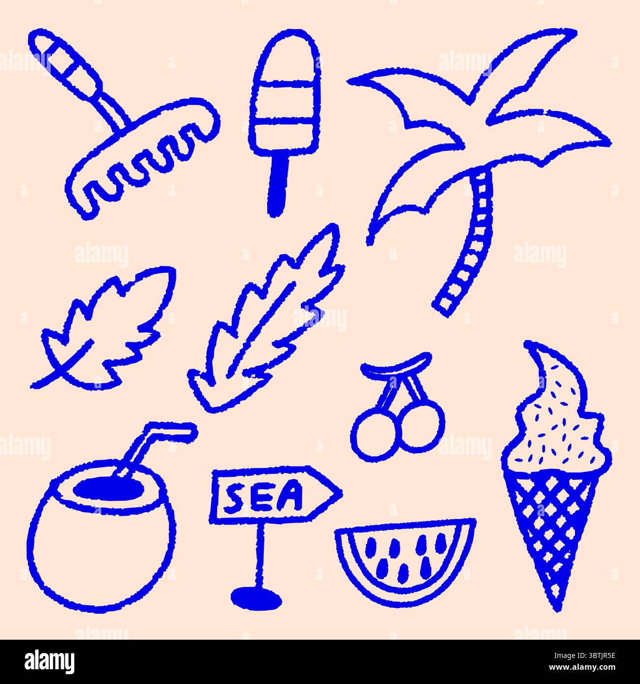 Tropischer Sommerurlaub Doodle Vektor Set mit Crayon Sketch Beach Szenen und Urlaub Spaß, Sommer Strand Doodle Stock Vektor