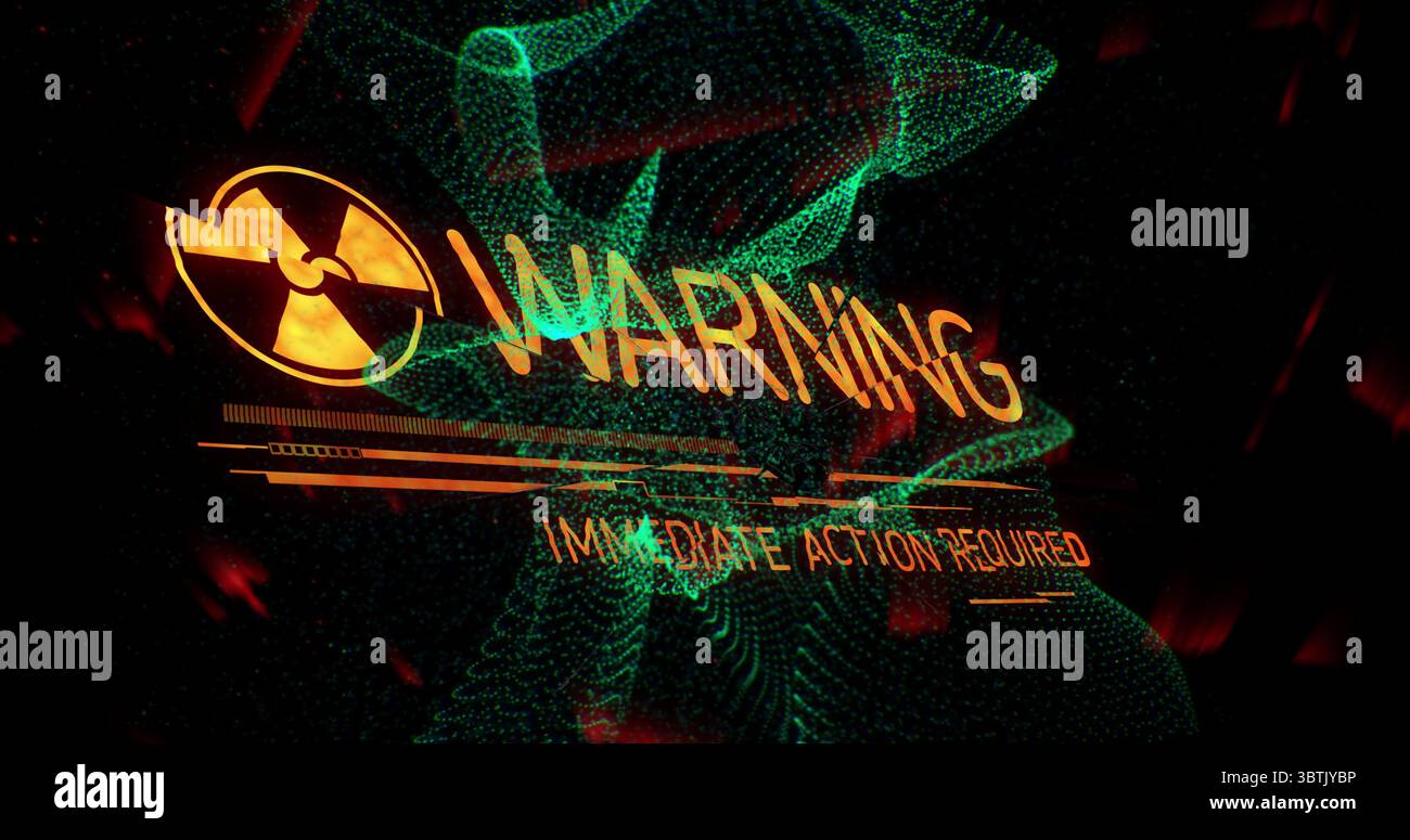 Strahlungssymbol mit WARNTEXT, der im digitalen Raum pulsiert, mit Untertitel, grüner Welle, roten Akzenten Stockfoto