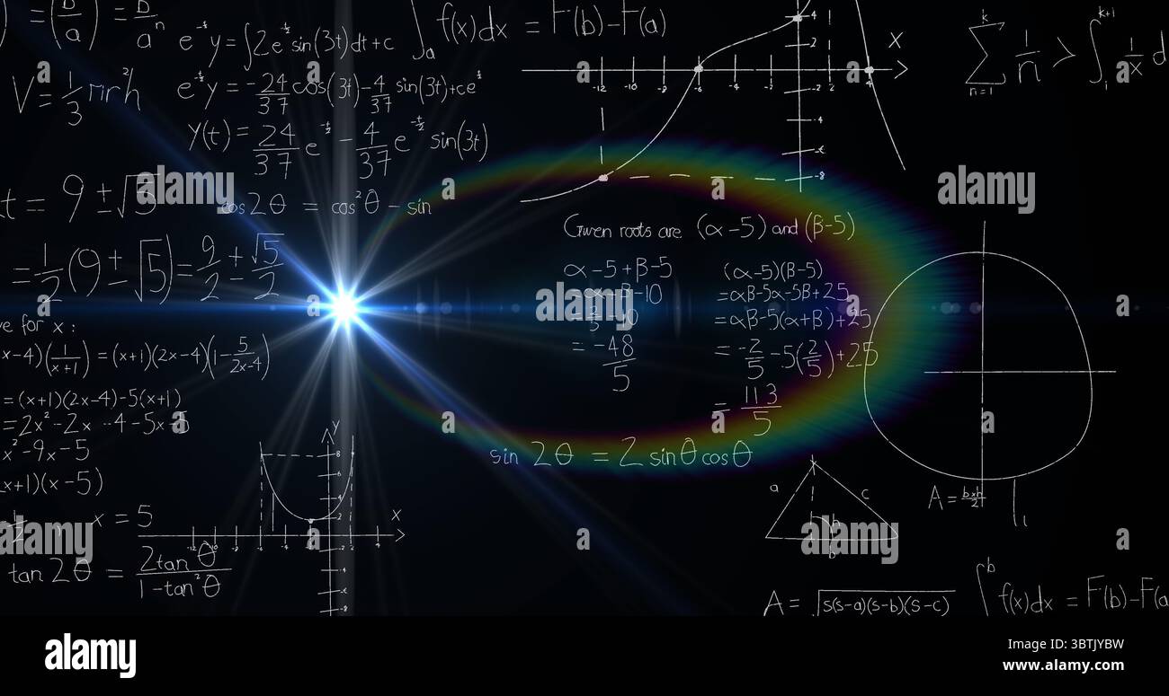 Helles Licht, das Regenbogenreflexionen auf der Schwarzen Tafel ausstrahlt, mit Integralen und Diagrammen Stockfoto