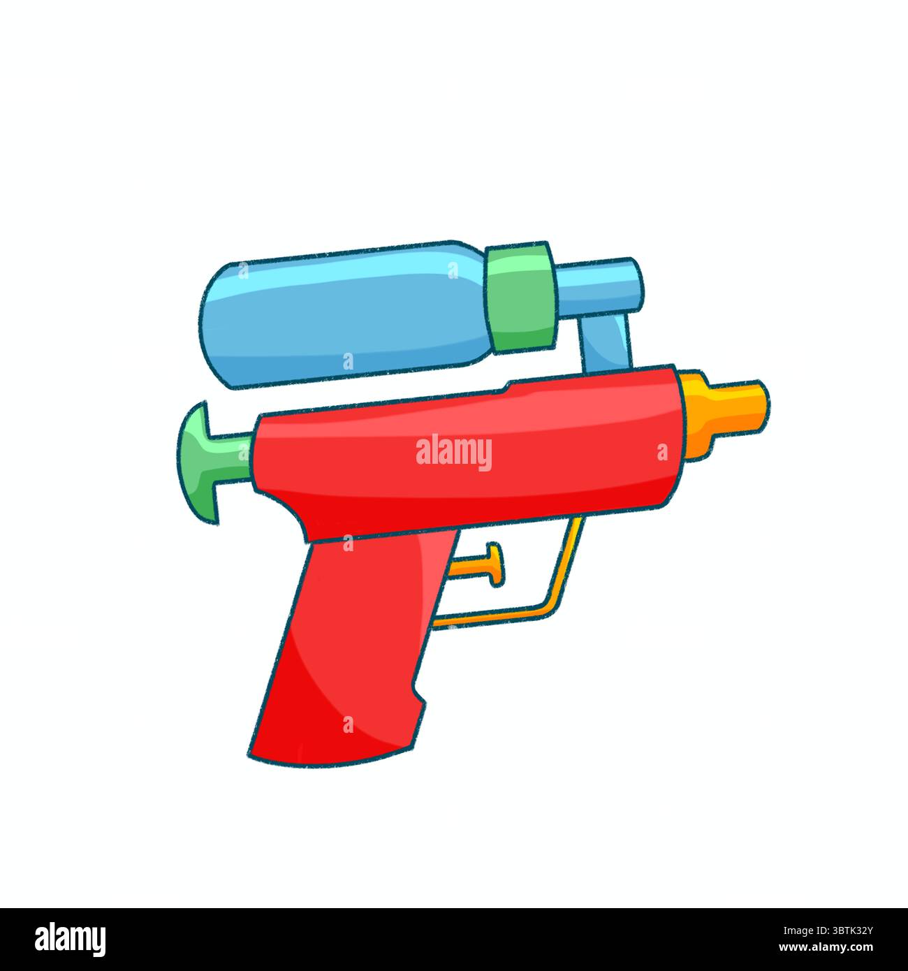 Flache Illustration farbenfroher Wasserpistolen, perfekt für den Sommer. Es zeigt lustige Outdoor-Aktivitäten und verspielte Wasserspritzer Stockfoto