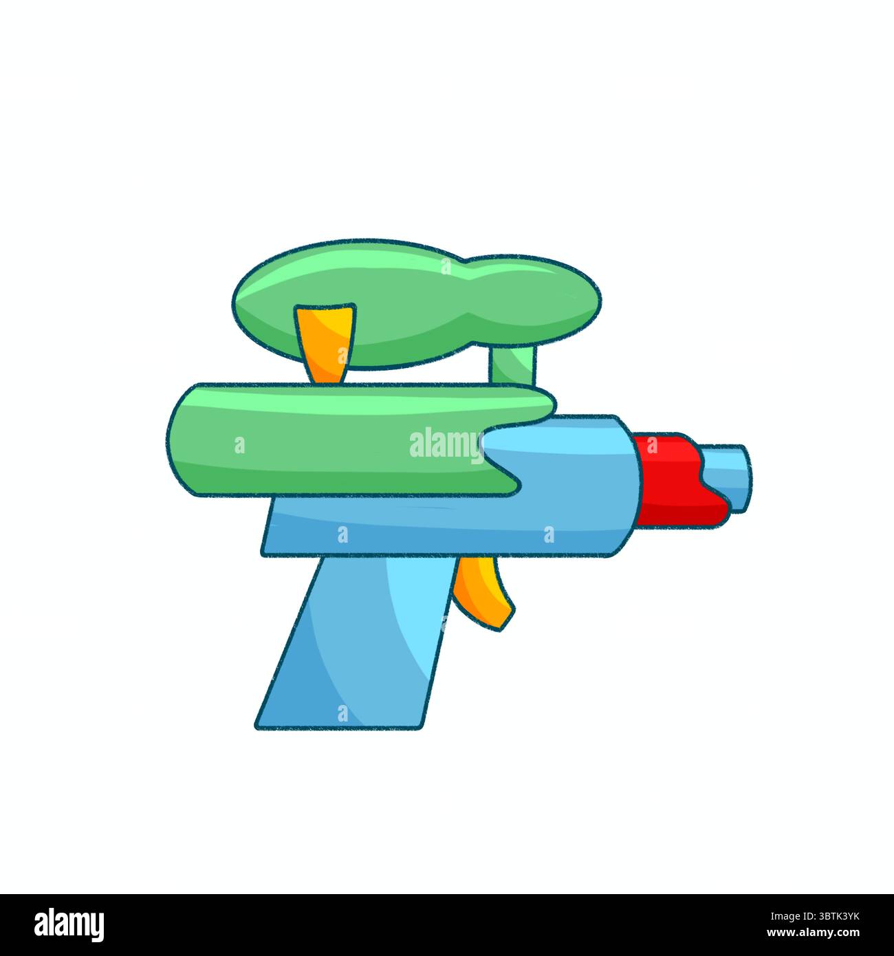 Flache Illustration farbenfroher Wasserpistolen, perfekt für den Sommer. Es zeigt lustige Outdoor-Aktivitäten und verspielte Wasserspritzer Stockfoto