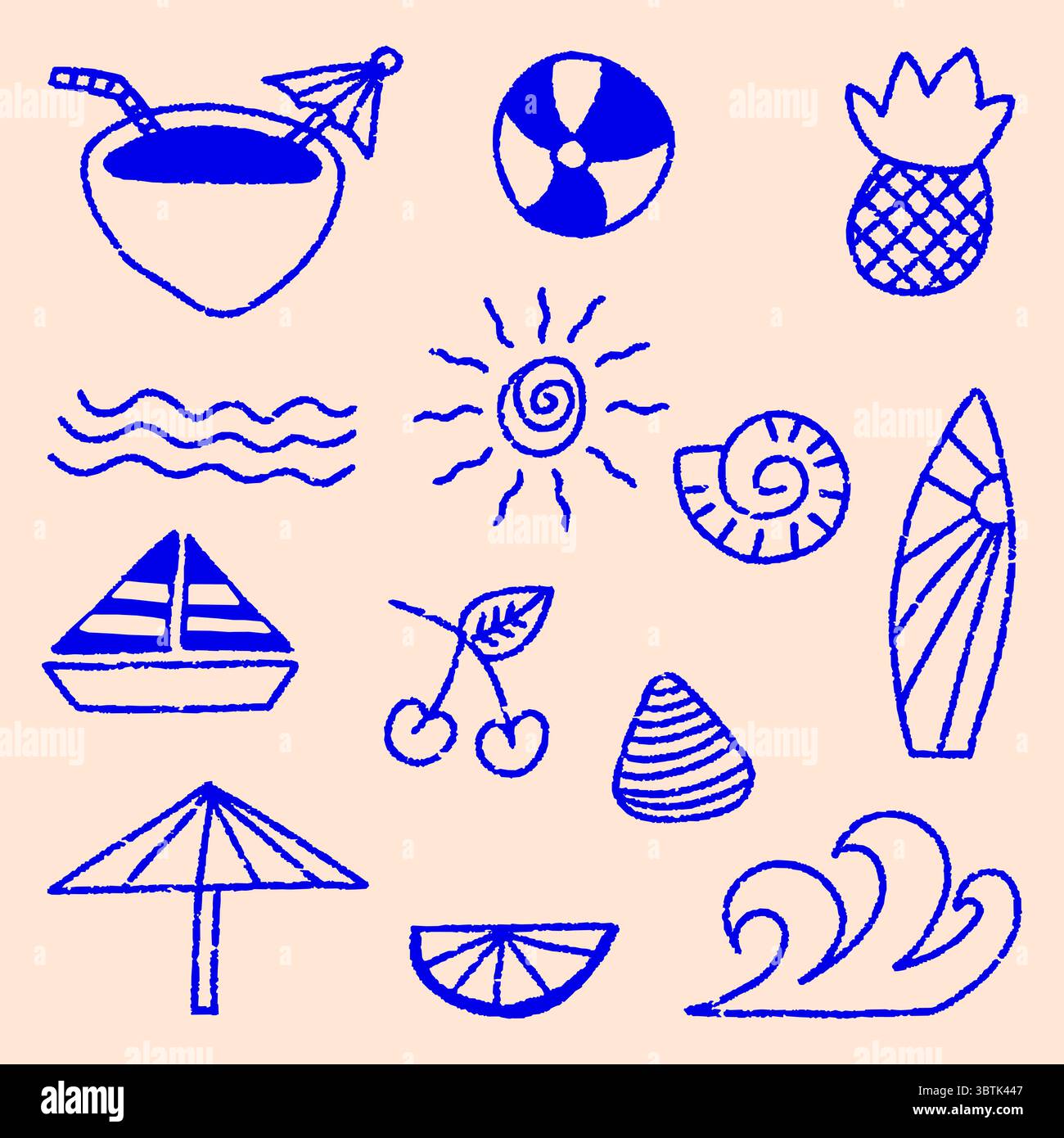 Hand gezeichneter Summer Beach Doodle Vektor mit lustigen Urlaubselementen und tropischen Meeressymbolen im Crayon-Stil Stock Vektor