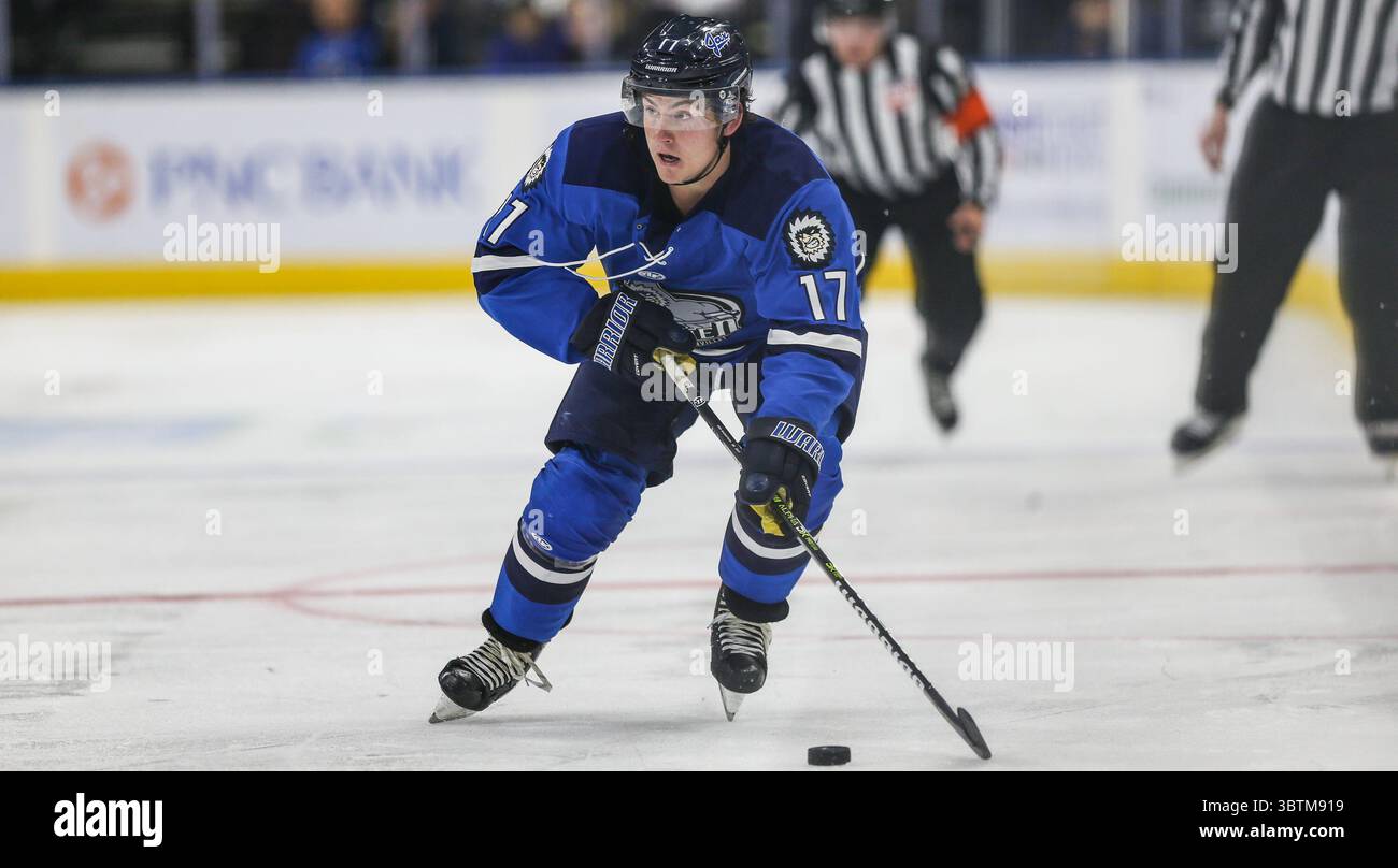 Jacksonville Icemen-Stürmer Everett Clark (17) treibt den Puck während der zweiten Phase eines ECHL-Profihockeyspiels gegen die Atlanta Gladiators in der Veterans Memorial Arena in Jacksonville, Florida, Mittwoch, 30. Oktober 2019 vor. (Gary Lloyd McCullough/CSM)(Credit Image: &Copy; Gary Lloyd McCullough/CSM via ZUMA Wire) Stockfoto