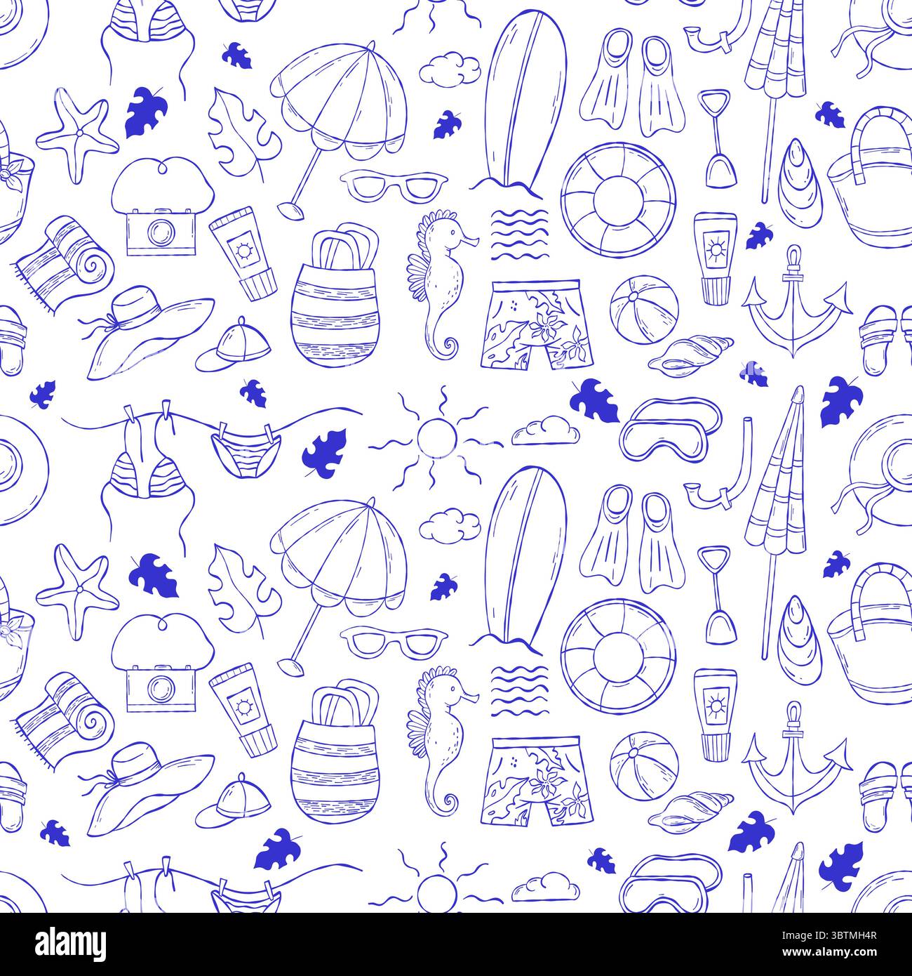 Dolce vita. Nahtloses Muster mit Strandurlaub auf weißem Hintergrund. Mediterrane Ästhetik. Outline Blue Vintage Summer minimaler Hintergrund in der Hand d Stock Vektor