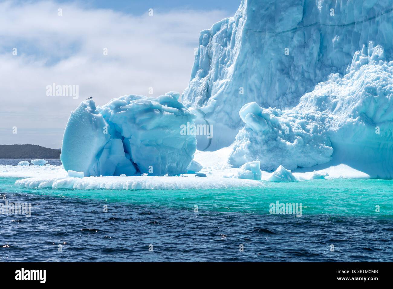 Nahaufnahme eines Eisbergs, der in türkisfarbenem Wasser schwimmt, Neufundland, Neufundland und Labrador, Kanada Stockfoto