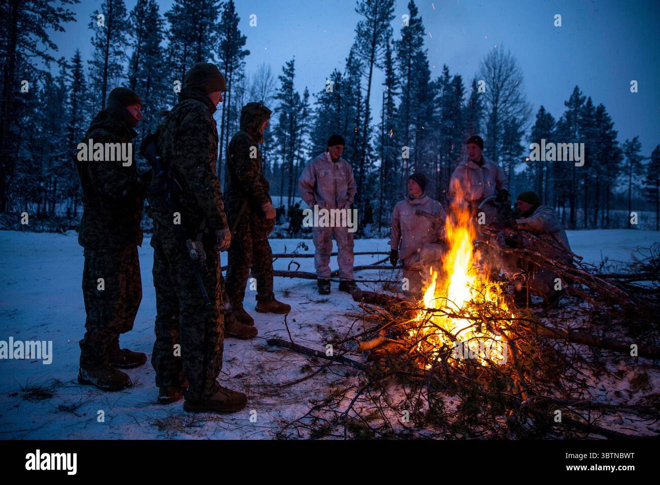 29. Oktober 2019: Setermoen, Norwegen - die US-Marines mit Marine Rotational Force-Europe 20.1, Marine Forces Europe and Africa und norwegische Soldaten treffen sich um ein Feuer, nachdem sie den zweiten Tag der Übung Rentier Army Brigade North absolviert haben. MRF-E konzentriert sich auf regionale Einsätze in ganz Europa, indem verschiedene Übungen durchgeführt werden, Training für arktische Kälte und Gebirgskriege sowie Militär-Militär-Einsätze, die die Interoperabilität des US-Marine Corps mit Verbündeten und Partnern insgesamt verbessern. (Kreditbild: © U.S. Marines/ Stockfoto